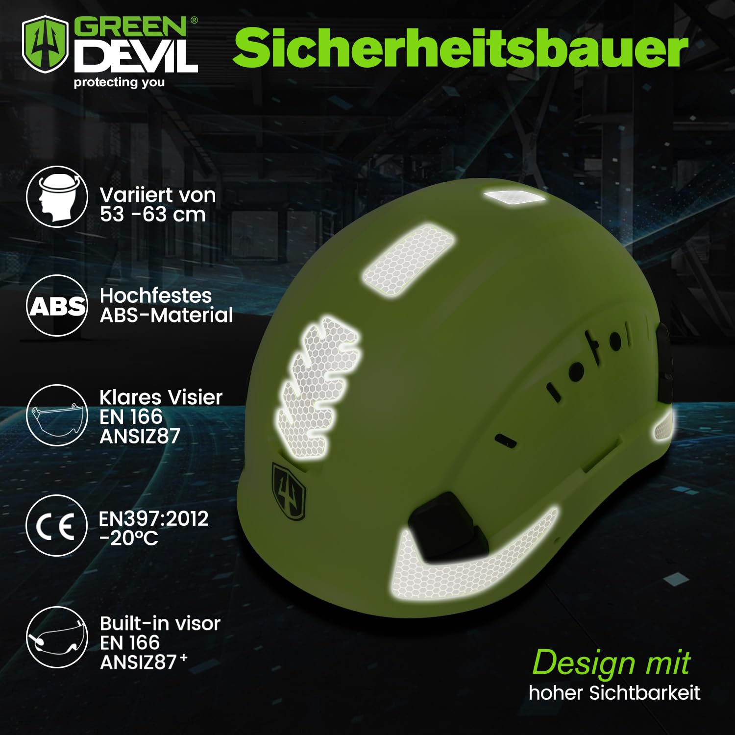 GREEN DEVIL Mervex Vent Ultimate Set - EN397 & EN166 zertifizierter Industrieschutzhelm mit Doppelvisier (außen getönt/innen klar) + Shield LD Bluetooth Gehörschutz + Intelligente Helmleuchte