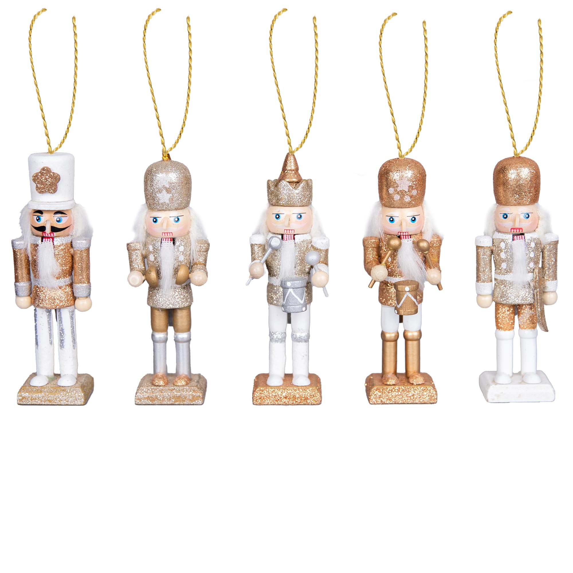 SHATCHI 13cm Wooden Christmas Nutcrackers 5pcs Set - Soldiers King Puppet Moving Parts Figurines Christmas Tree Hanging Decoration Ornaments