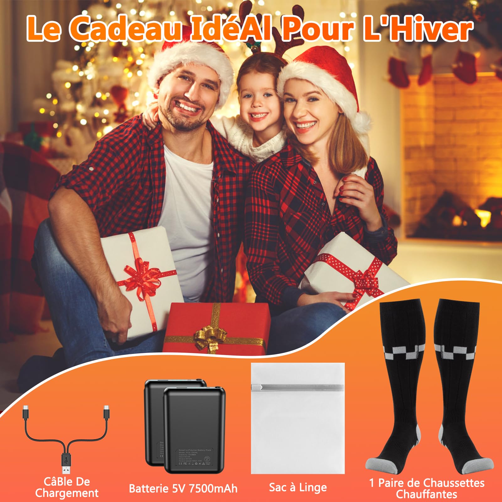 Chaussettes Chauffantes Améliorées, iKuchelife 7500mAh Rechargeables, Pieds Chauds à 360°, 4 Niveaux de Température, 14H Autonomie de la Batterie, Maison et Extérieur, Hommes et Femmes 37-47