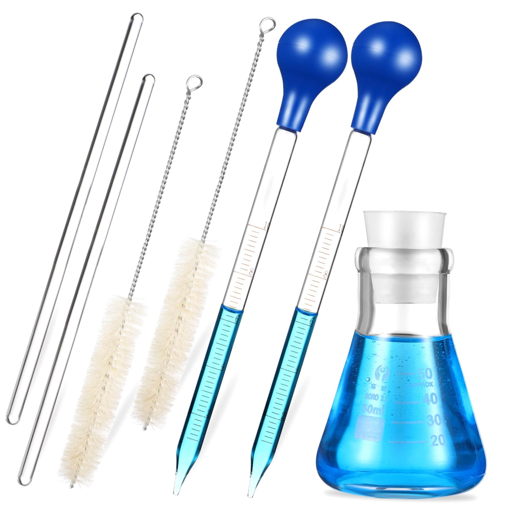 Juego de Matraz Erlenmeyer de Vidrio 50ml con Goteros | Escala Estándar y Medición Precisa, Base Redonda, 1 Set con Cepillo de Limpieza