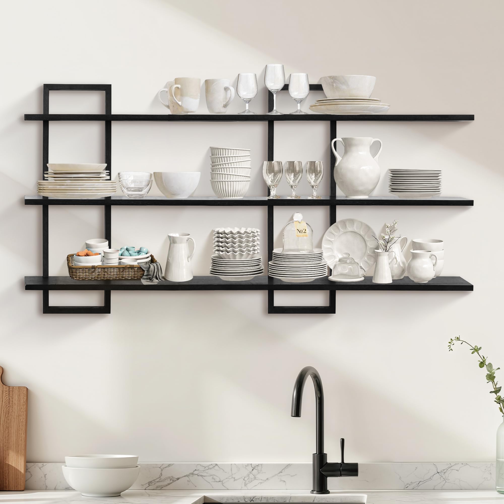 ÉTagèRe Murale Flottante à 3 Niveaux - Cadre en ChêNe - ÉTagèRe De Rangement CarréE Rustique pour Salon, Chambre à Coucher - Noir