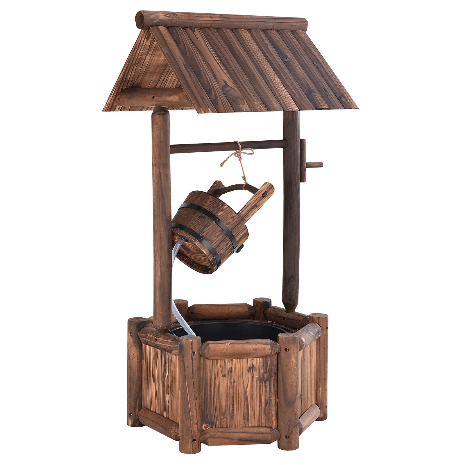 GOPLUS Fuente Jardín Exterior de Madera de Abeto, Pozo Decorativo de Deseos, con Bomba Eléctrica, para Jardín Patio, 58,5×56×117cm, Marrón Rústico