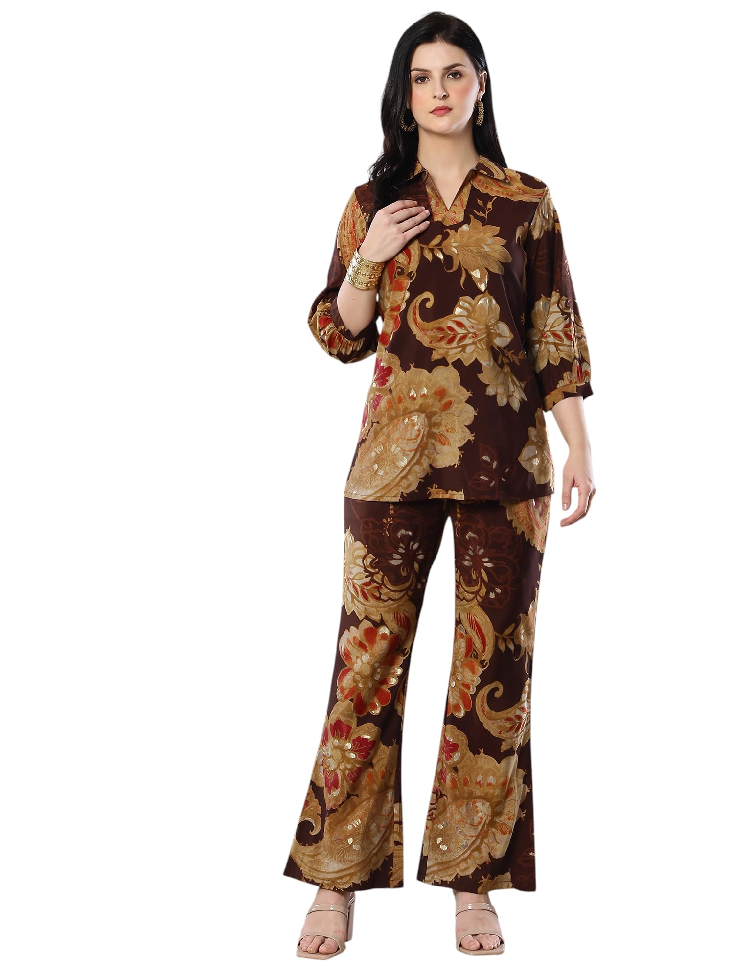claura Women's Brown Floral Paisley Print Co-Ord Set, V-Neck Top with Bell Bottom Trousers-picture-41