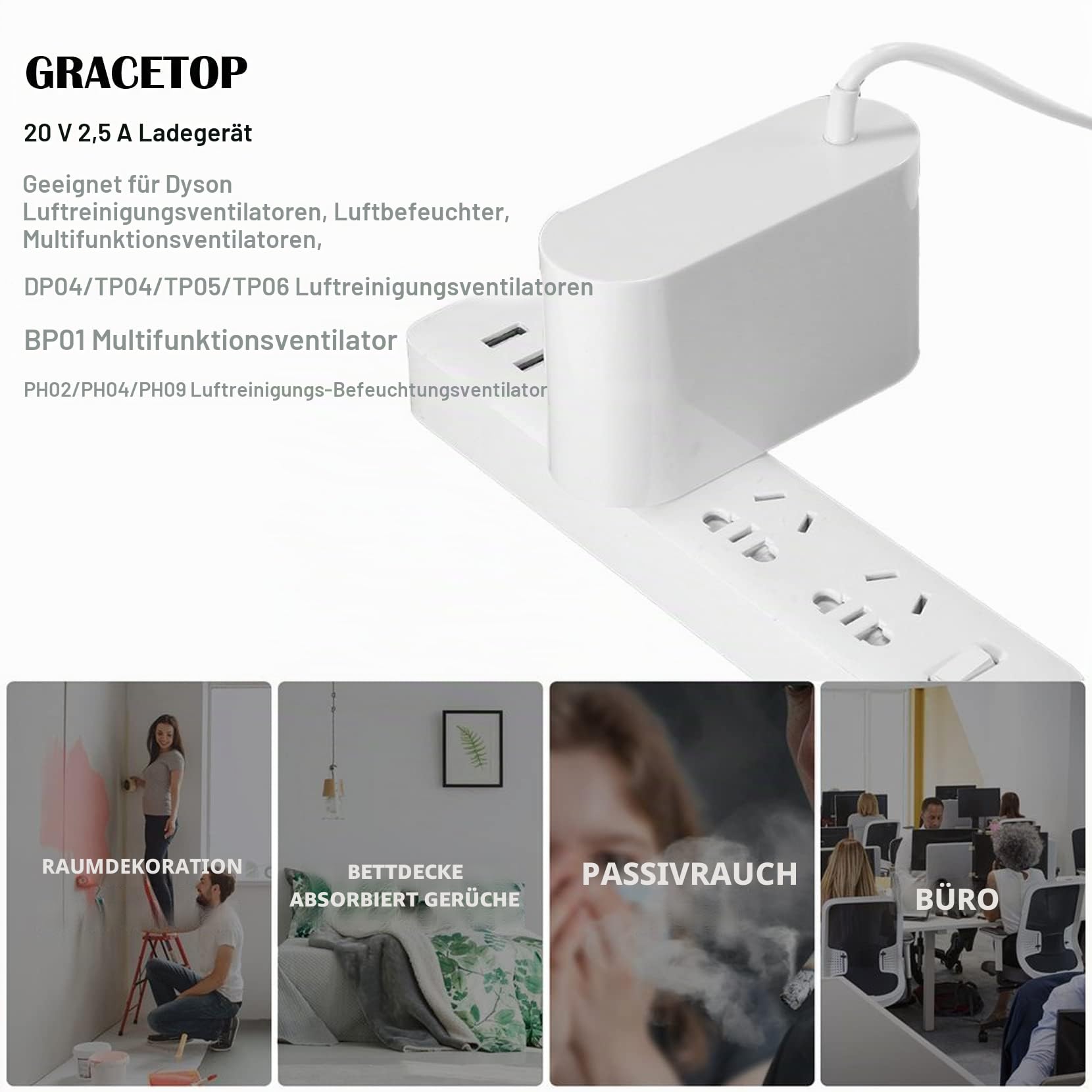20V Netzteil Ladegerät für Dyson Ventilator/Luftreiniger TP04 TP05 TP06, DP04 BP01 PH02 PH04 PH09, Ladegerät 20 V 50 W Ersatzkabel 1,85 m 281831-05, 310415-20