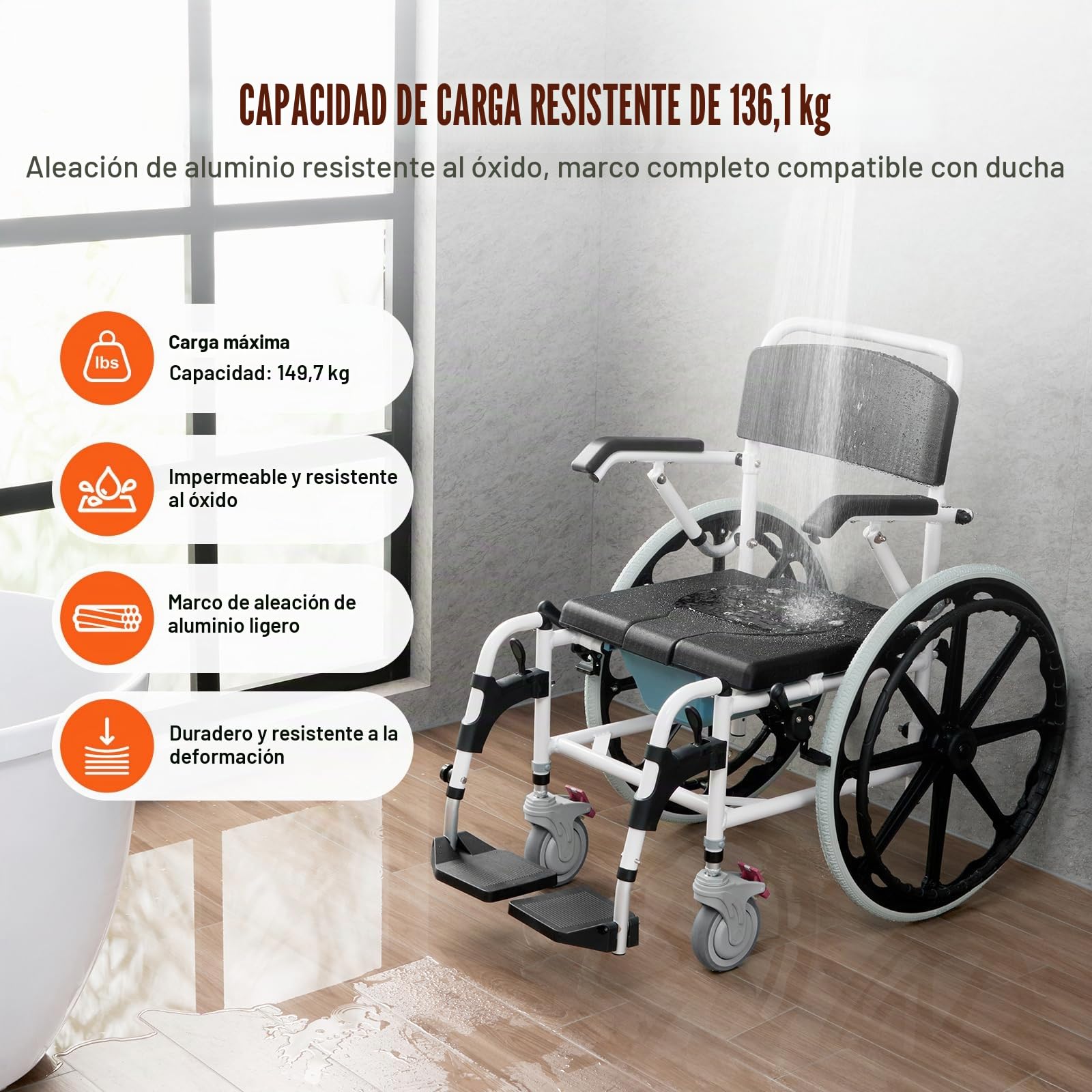 VEVOR Silla de Ruedas de Ducha de Aleación de Aluminio para Ducha Interior, Silla de Ducha con Ruedas Ajustable con Freno para Adultos Discapacitados, Carga de 136 kg, 1015 x 620 x 920 mm, Negro