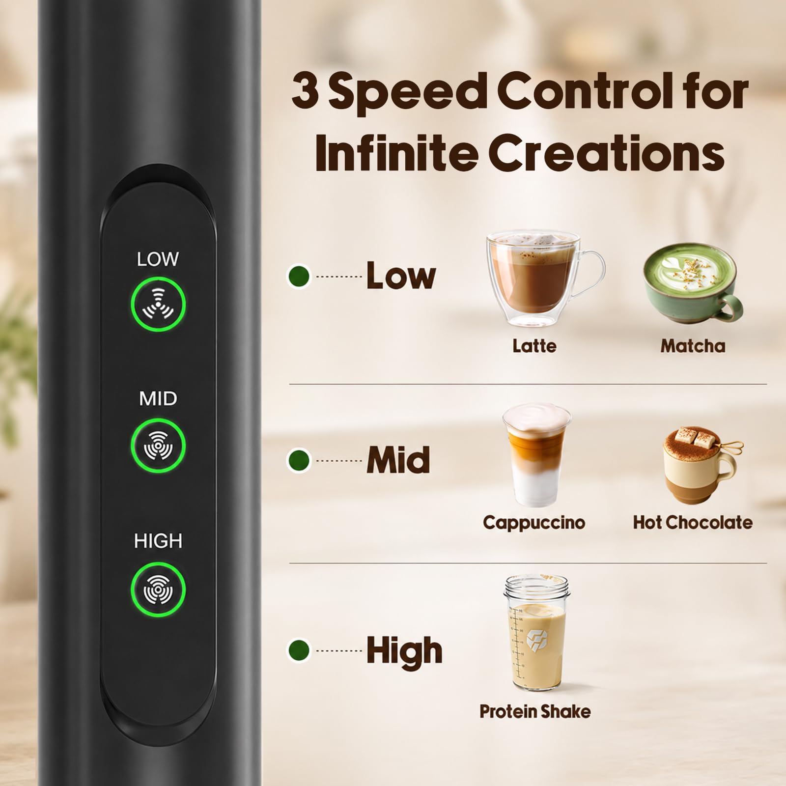 Espumador de leche recargable de mano con 3 velocidades, 3 batidores desmontables con soporte, varita mezcladora eléctrica de bebidas de café para capuchino, latte, matcha, chocolate caliente, huevos