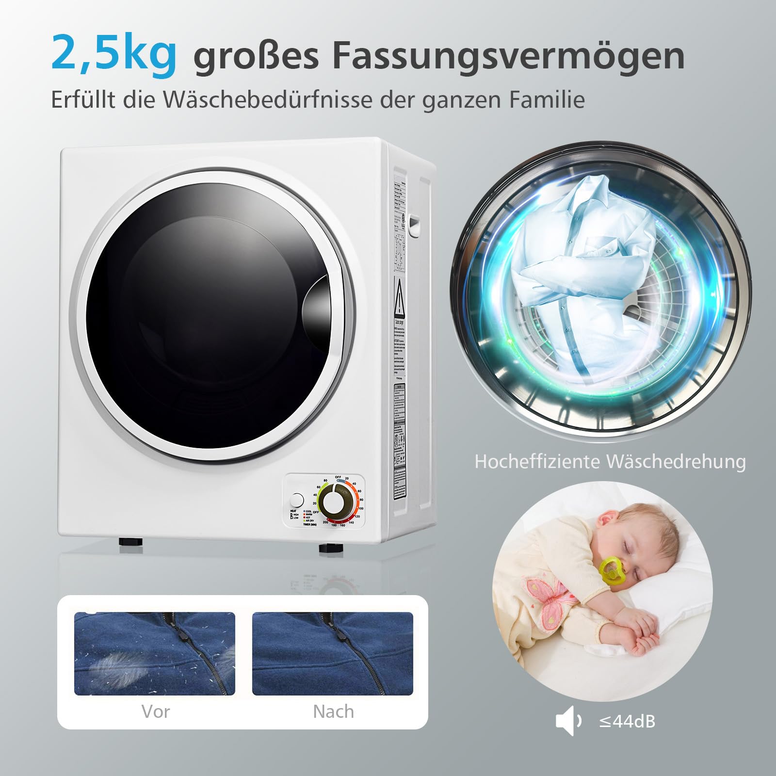 COSTWAY Mini Wäschetrockner Elektrischer Trockner Ablufttrockner 2,5KG / 42L / 850W / 4 Trocknungsmodi (Weiß)