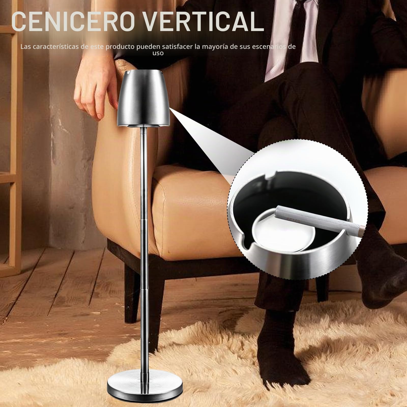 Cendrier de sol ajustable de acero inoxidable: WIYETY Cendrier de sol para exterior, altura extensible de 34 a 68 cm, cenicero de suelo ajustable con tapa y base antideslizante, plateado