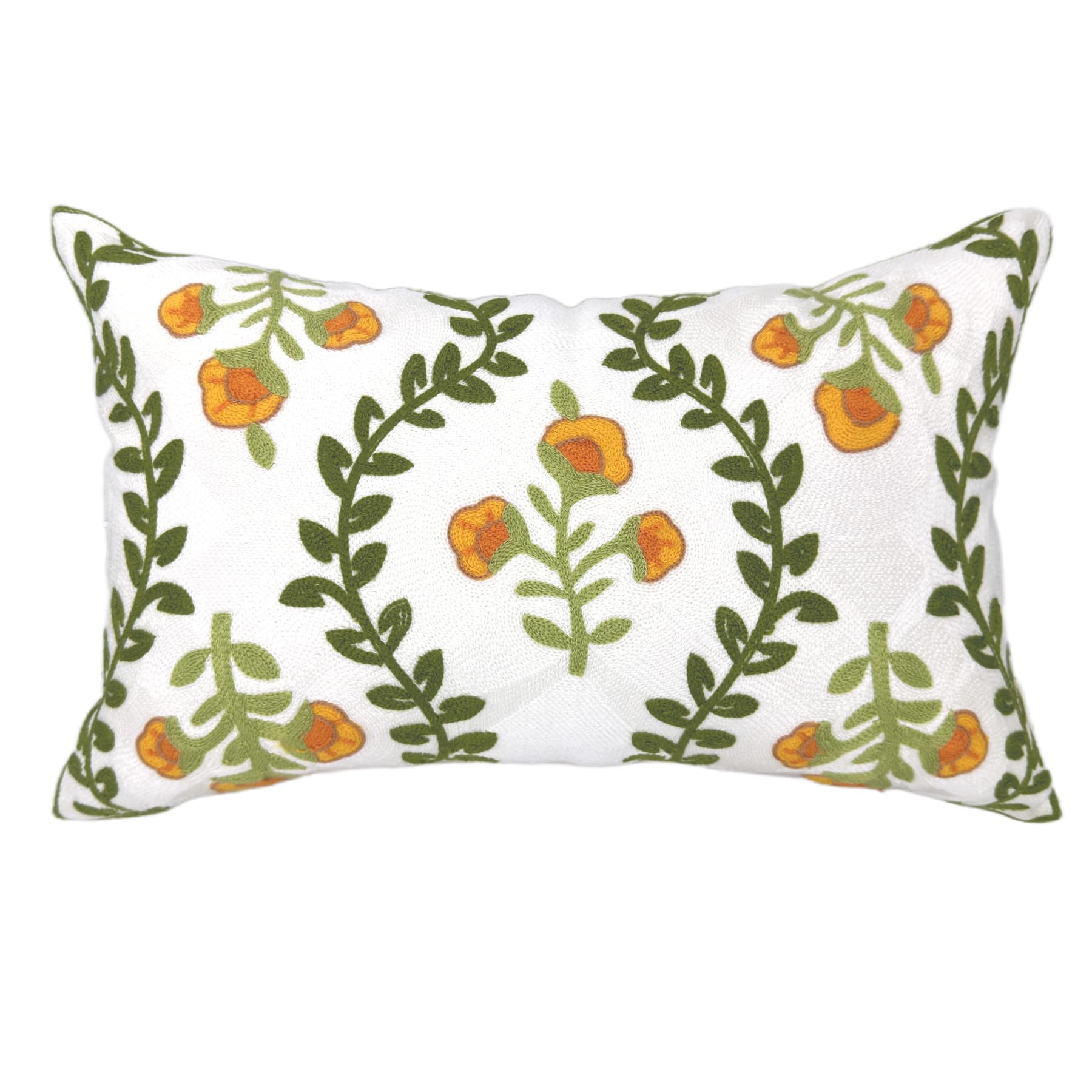 Alysheer Flower Embroidered Summer Decorative Lumbar Throw Pillow Cover 12"x 20", Farmhouse Cottage Orange Floral Green Leaves Patterned Cotton Canvas
