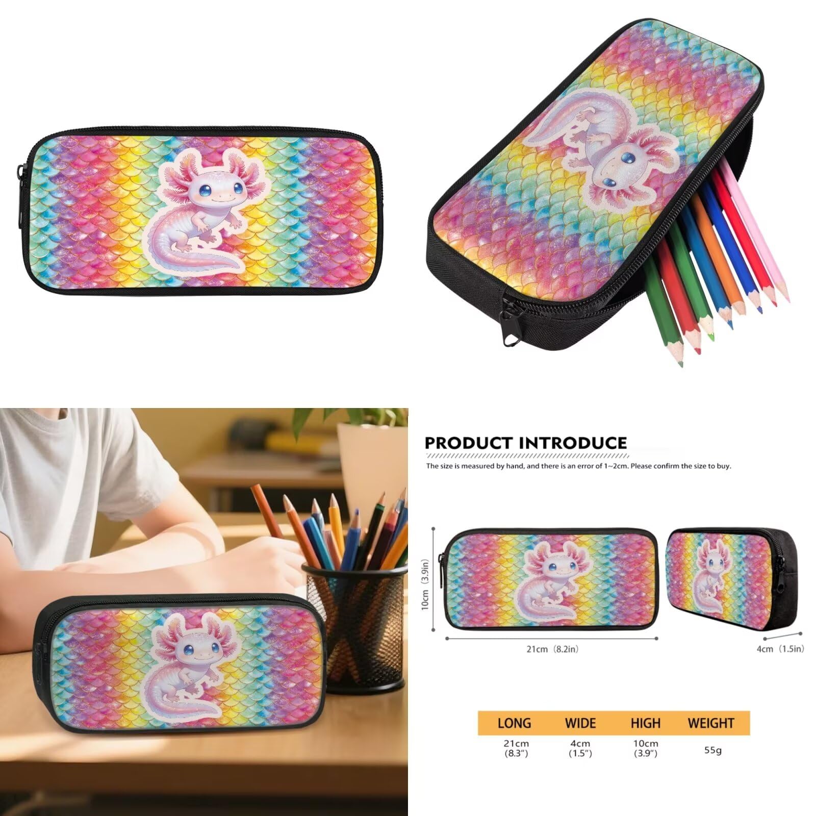 Howilath Grande zaino per la scuola per bambini, set da 4 con borsa termica per il pranzo, portapenne, custodia per bottiglia d'acqua, Mochila Para Niñas, Axolotl - Scala di sirena arcobaleno, L
