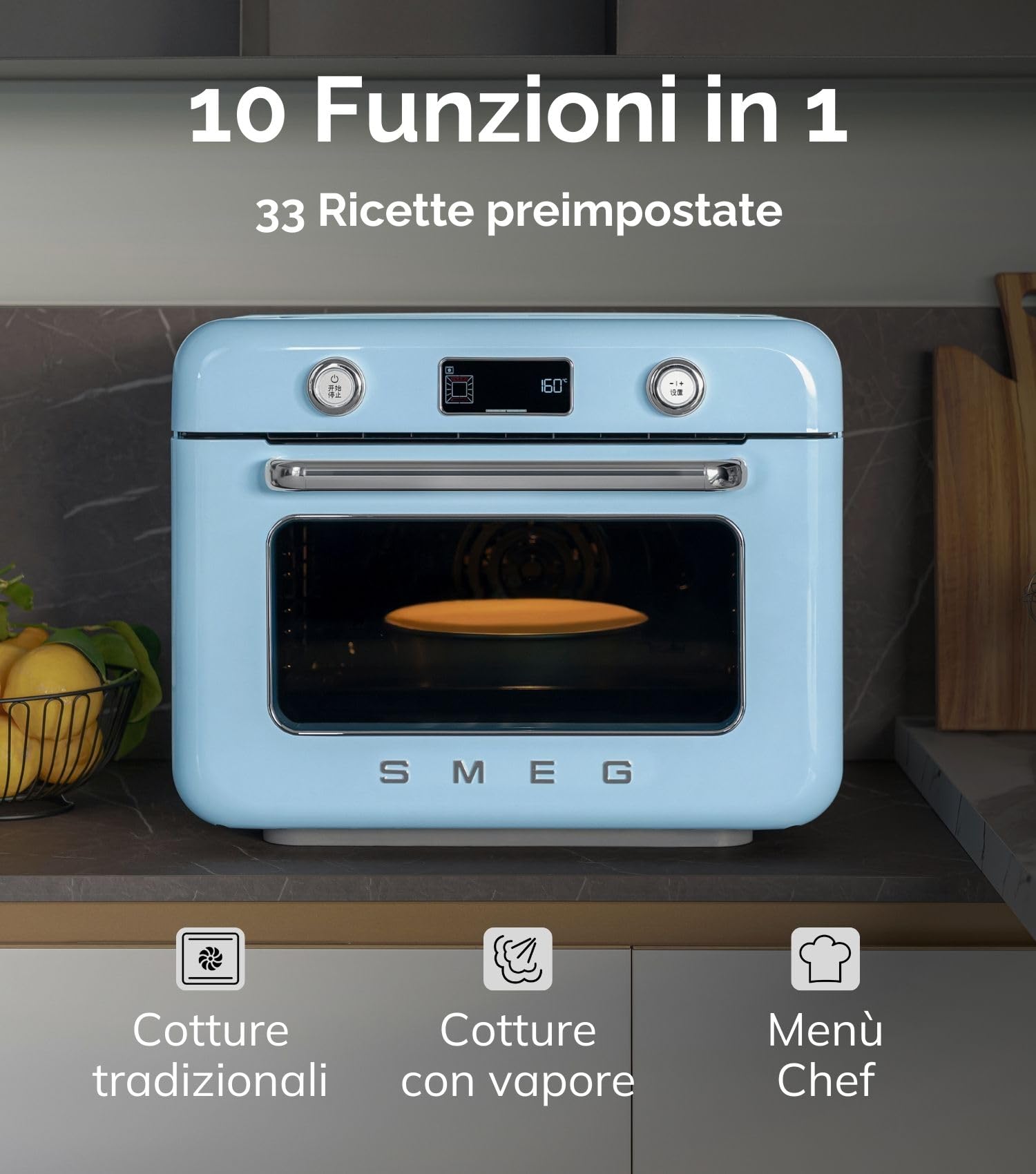 Smeg, Forno Combinato a Vapore da Appoggio COF01CREU, 10 Funzioni di Cottura, 33 Ricette Automatiche, Serbataio Estraibile, Cottura a Vapore, Funzione Decalcificazione, Potenza 1800W, Crema