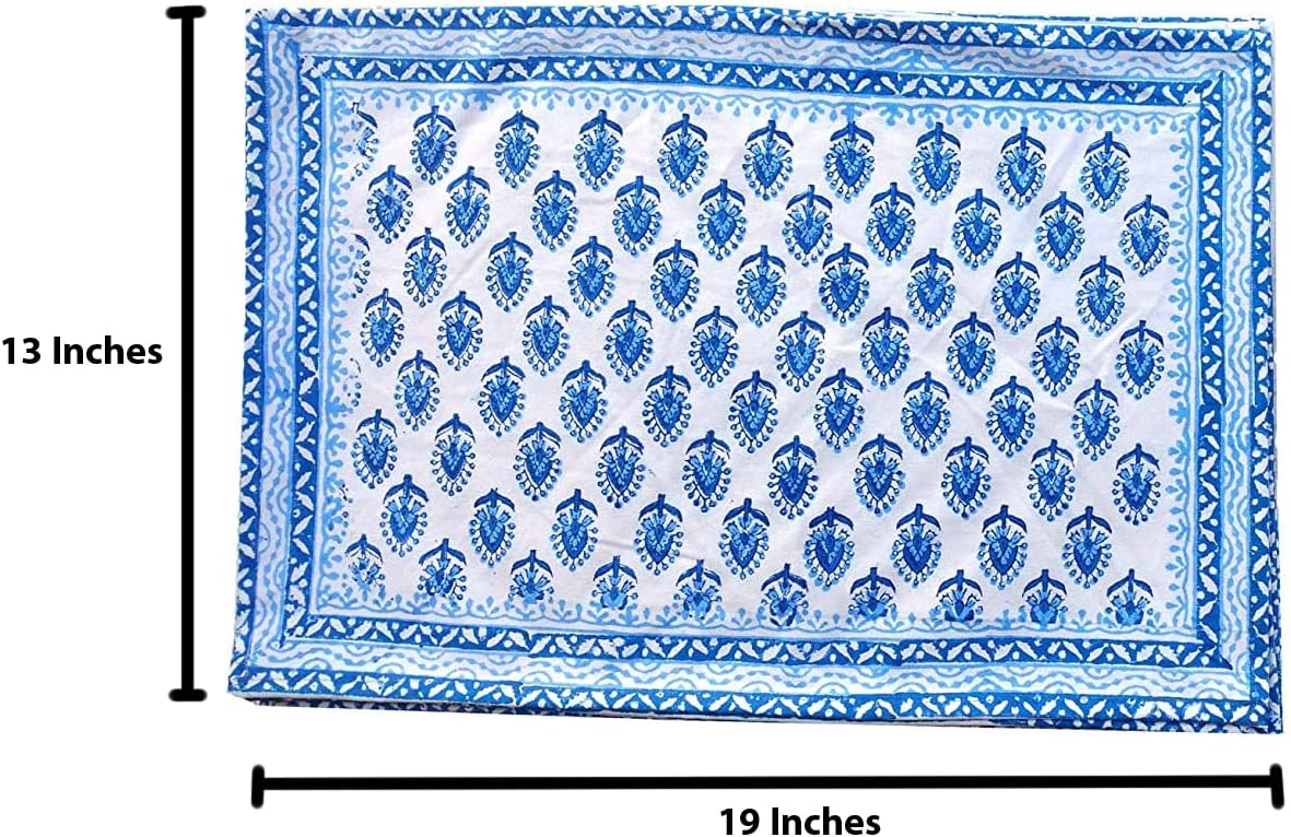 Rastogi Handicrafts Hand Block 100% Cotton Indian Style Theme Dining Table Mats and Napkins Set of 6 Place-mats Runners (Blue 4)