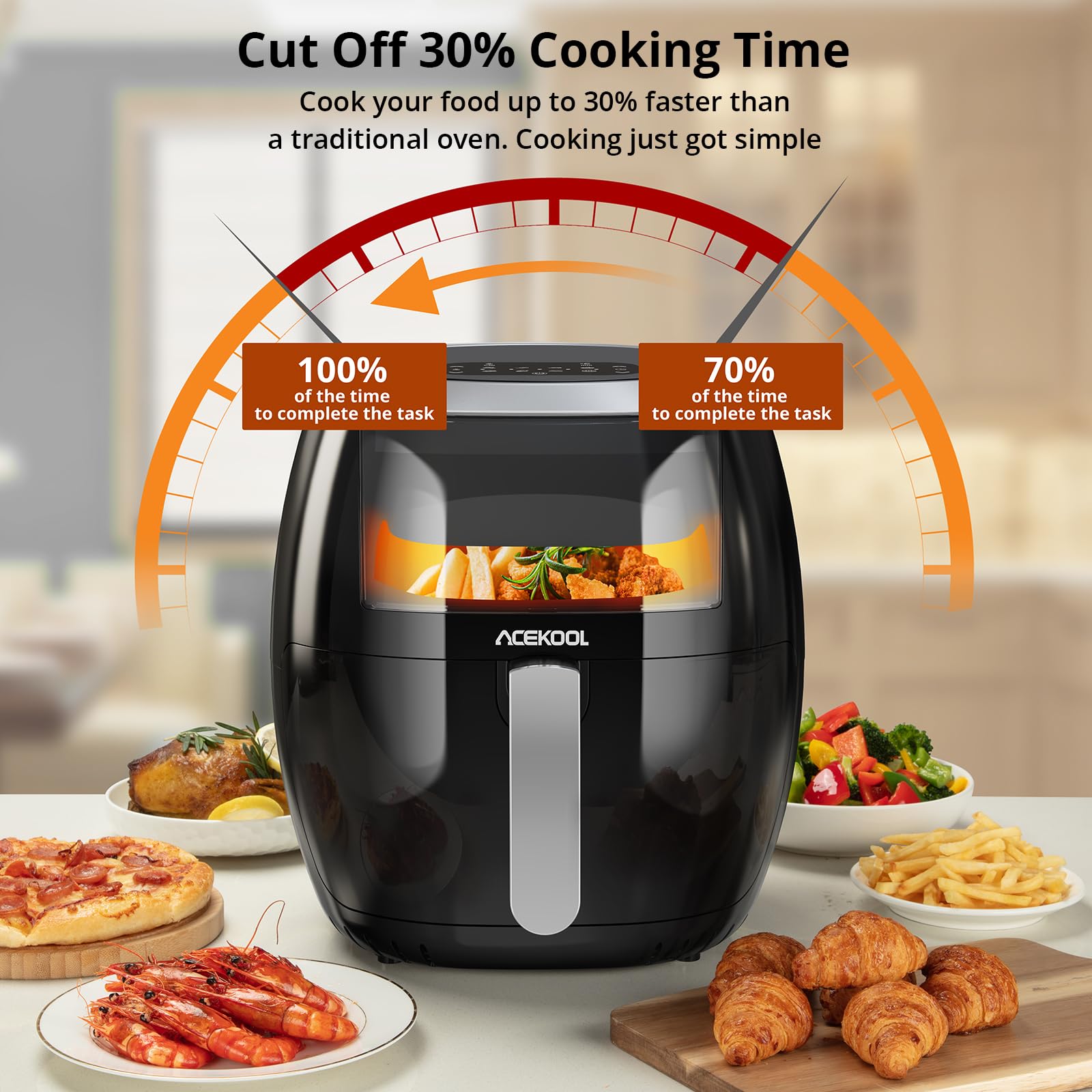 7,7L XXL Heißluftfritteuse mit 8 Programmen Luftfritteuse Airfryer 1800W Beleuchtetes Sichtfenster Digitaldisplay 80% Weniger Fett Einstellbare Temperatur 80-200°C Mit Rezeptbuch Deutsch