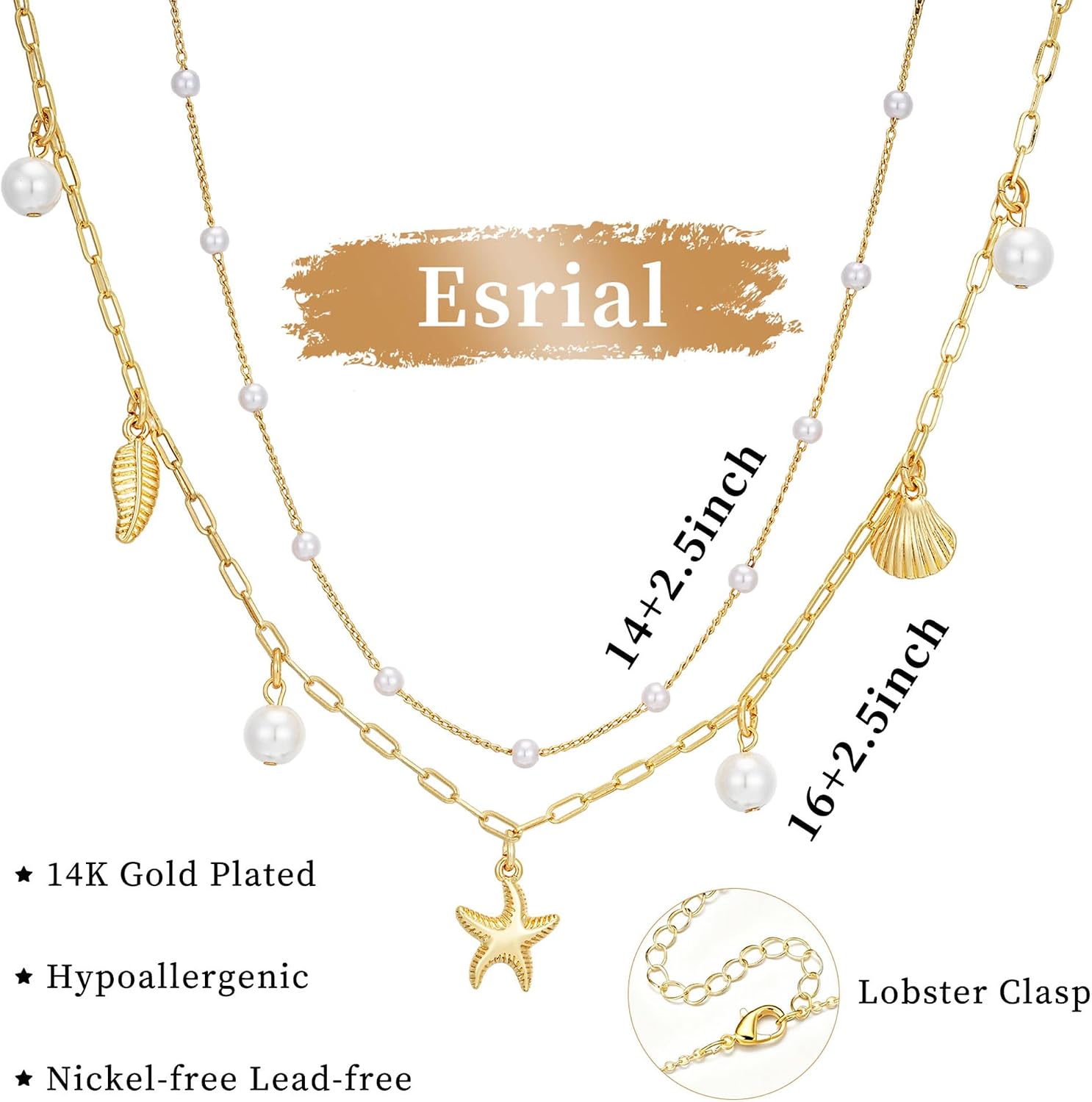Starfish Seashell Necklace for Women,14k Gold Plated Shell Layered Pearl Necklaces for Women, Dainty Adjustable Boho Summer Vacation Beach Jewelry Gifts