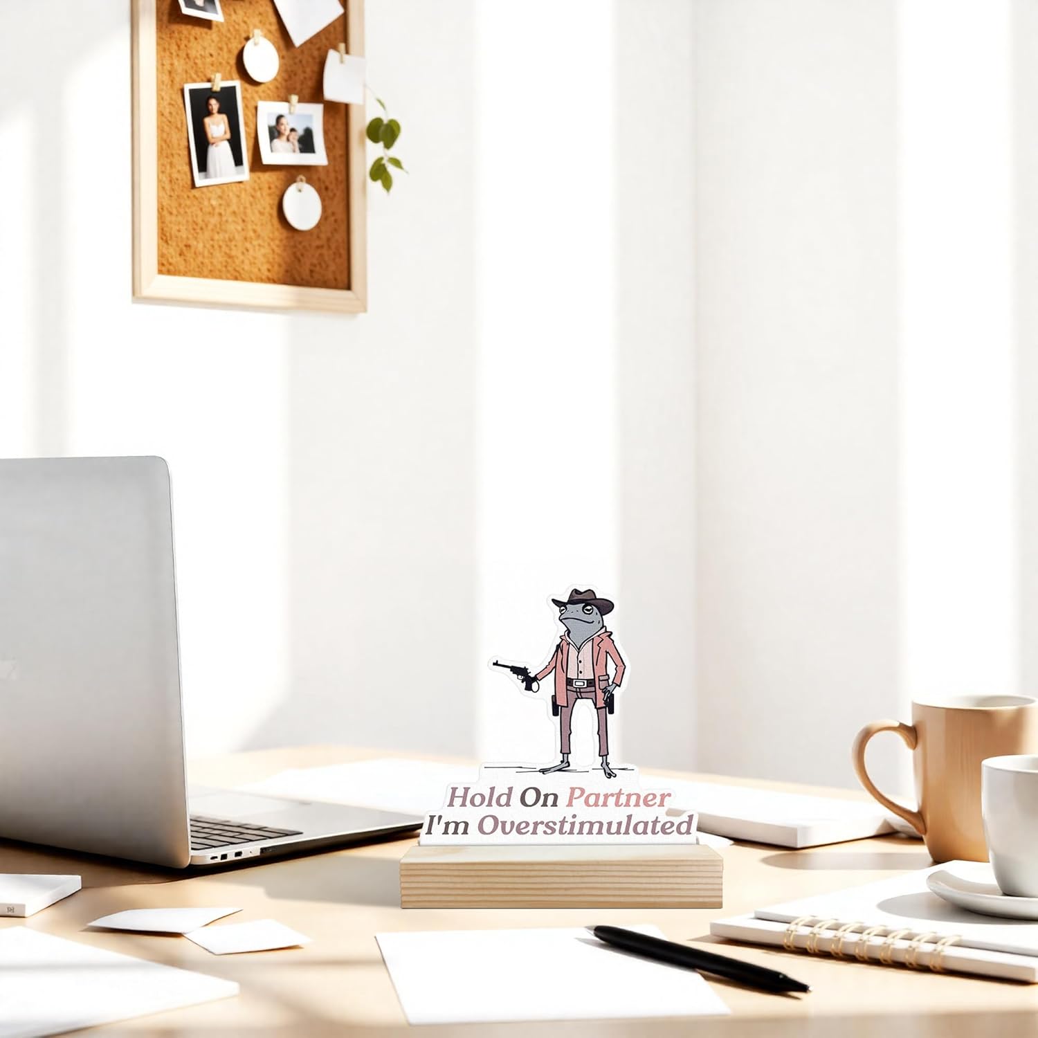 Funny Office Decor,Frog Desk Sign, Gifts for Coworkers, Hold on Partner I'm Overstimulated Cowboy Frog Wooden Plaque with Stand for Home Office Desk - Image 2