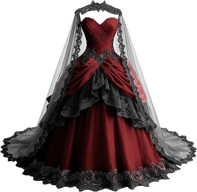 TRHTX Gothic Lace Appliques Wedding Dresses with Cape Ruffle Satin Ball ...