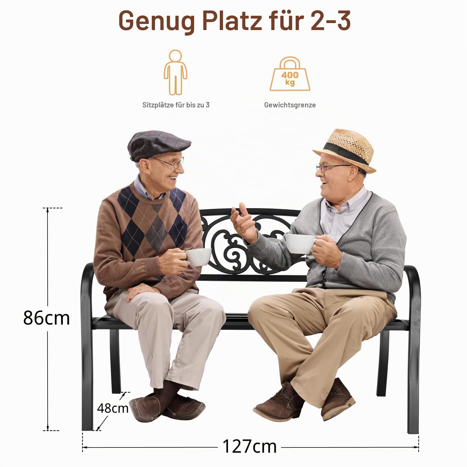 LEADZM Gartenbank Metall, Eisenbank mit Platz für 2-3 Personen - gartenbank wetterfest, Schwarzer Retro-Stil, Geeignet für Gärten, Balkone und Terrassen