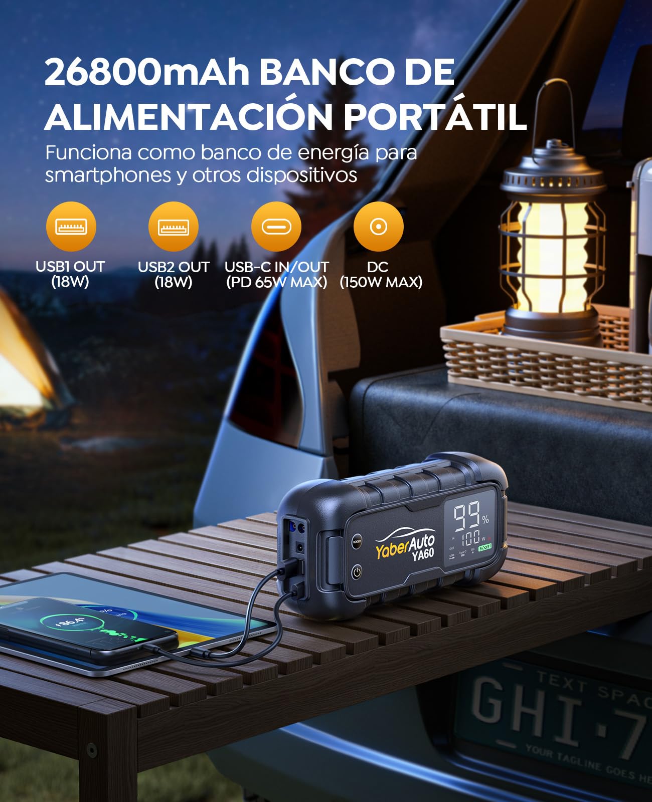 YaberAuto Arrancador de Baterias de Coche 8000A Arrancador de Coches(para Todo vehículo de Gasolina o 12,0L de Diesel) Arrancador Coche Portatil con 65W Carga Rápida,Gran Pantalla LED,Linterna LED