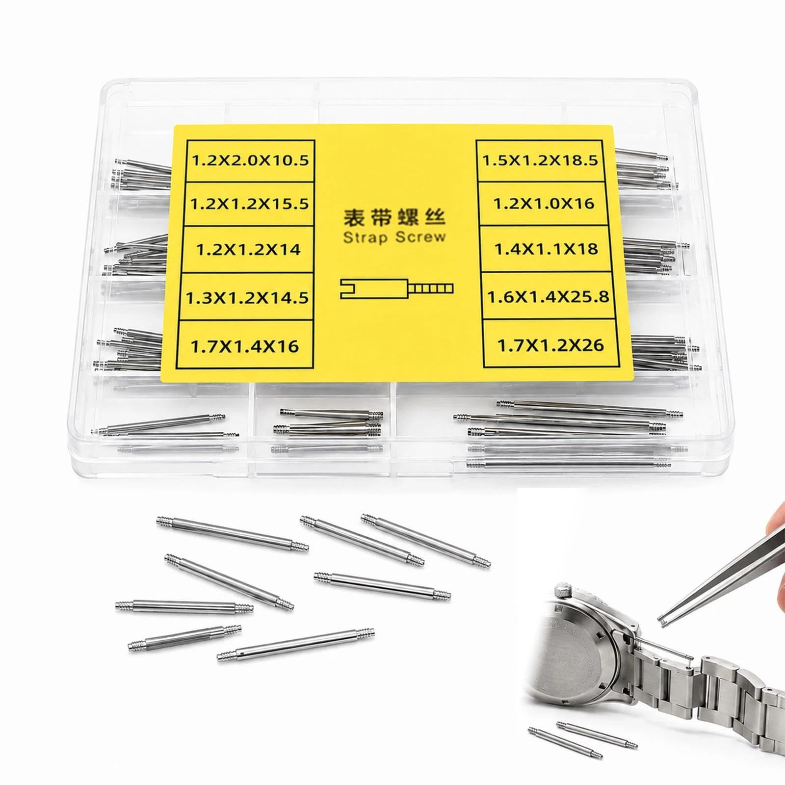 50Pcs Watch Strap Screws Set – 10 Sizes Metal Spring Bars Kit with Storage Box, Stainless Steel Watch Band Pins for Repair and Adjustment
