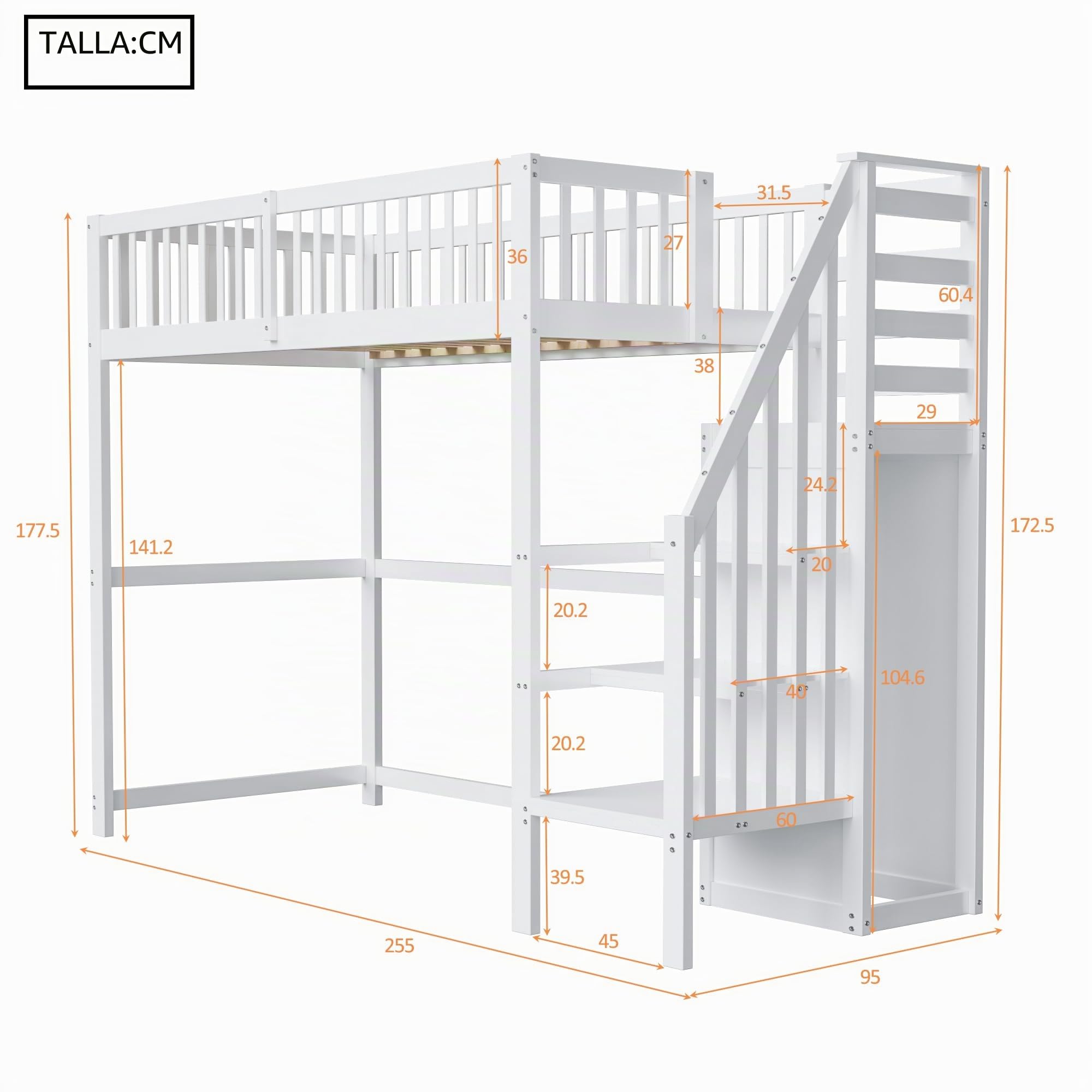 Idemon Cama alta 90 x 200 cm con escalera, cuna blanca de madera con estante de almacenamiento, armario sencillo