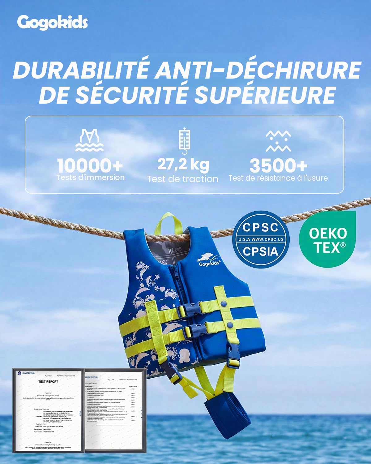 Gogokids Gilet Natation Enfant avec Courroie Réglable Double Couche, Gilet Piscine Enfants de 20-30-40-50-60 Lbs, Gilets de Flottaison de 2,3,4,5,6,7,8 Ans pour Garçons et Filles