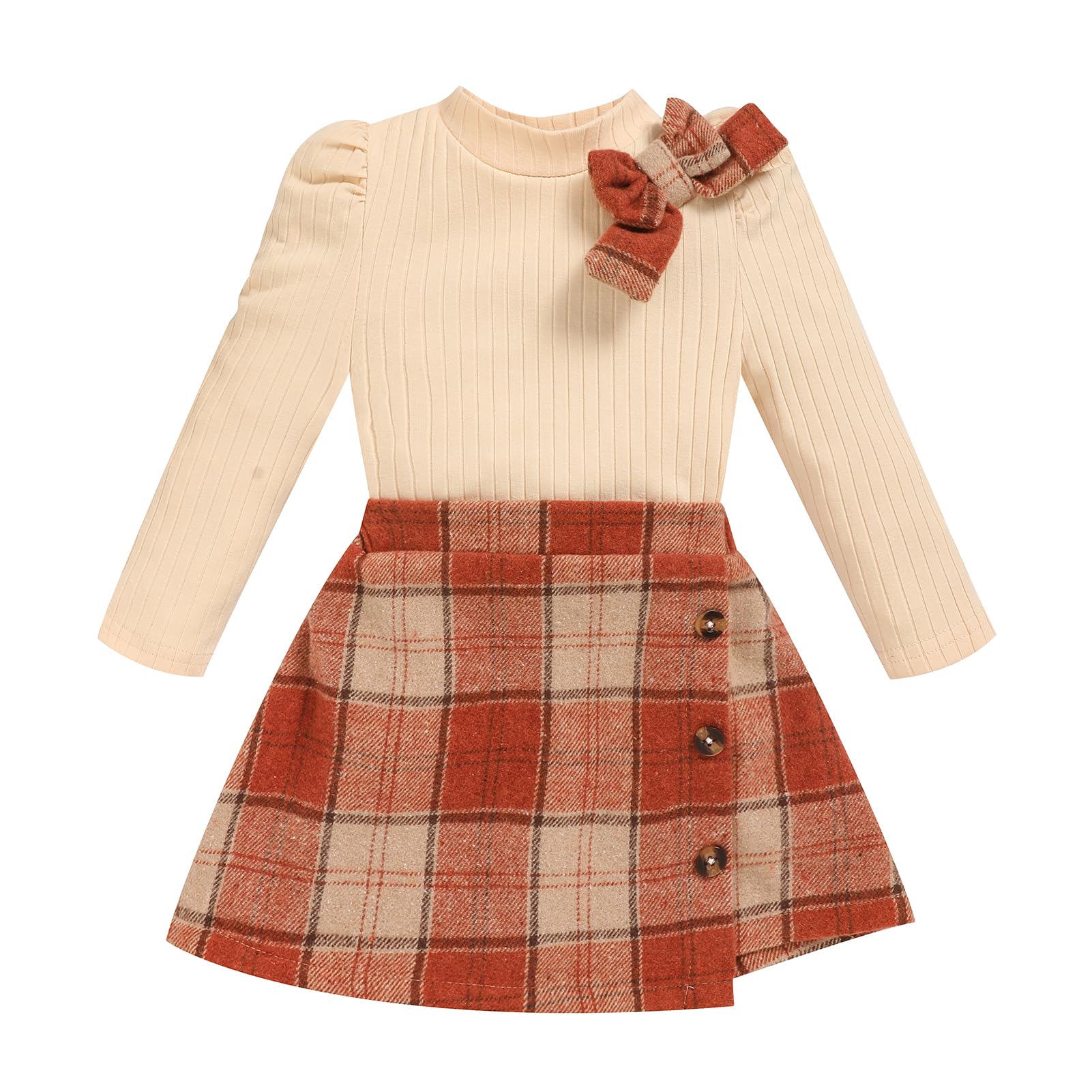 Toddler Girl Plaid Outfits Fall Winter Dress Knit Ribbed Bow Sweatshirt Tops and Button Fashion Skirts Set