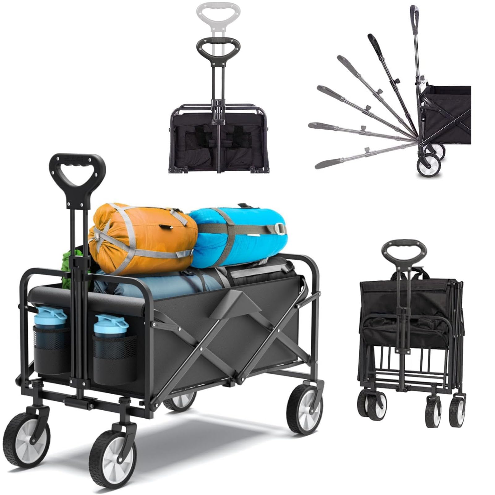 Collapsible Folding Wagon with Large Capacity, Utility Wagon Cart Heavy Duty Foldable, Adjustable Rolling Carts for Outdoor Garden Cart for Beach, Sports, Shopping, Camping
