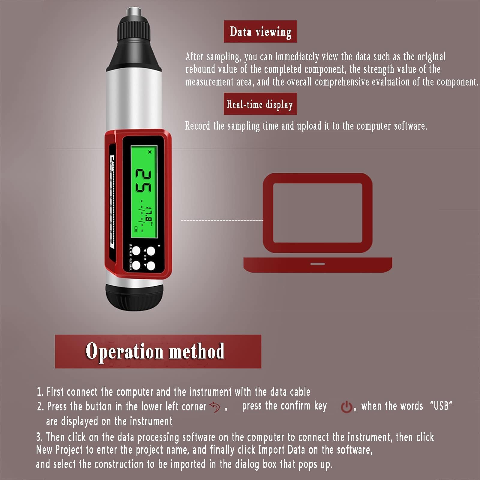 Martillo de rebote de hormigón digital 2.207J, resiliómetro mecánico probador de resistencia de 10-60 MPa con más de 1000 almacenamiento de datos, USB HID para laboratorio de obra