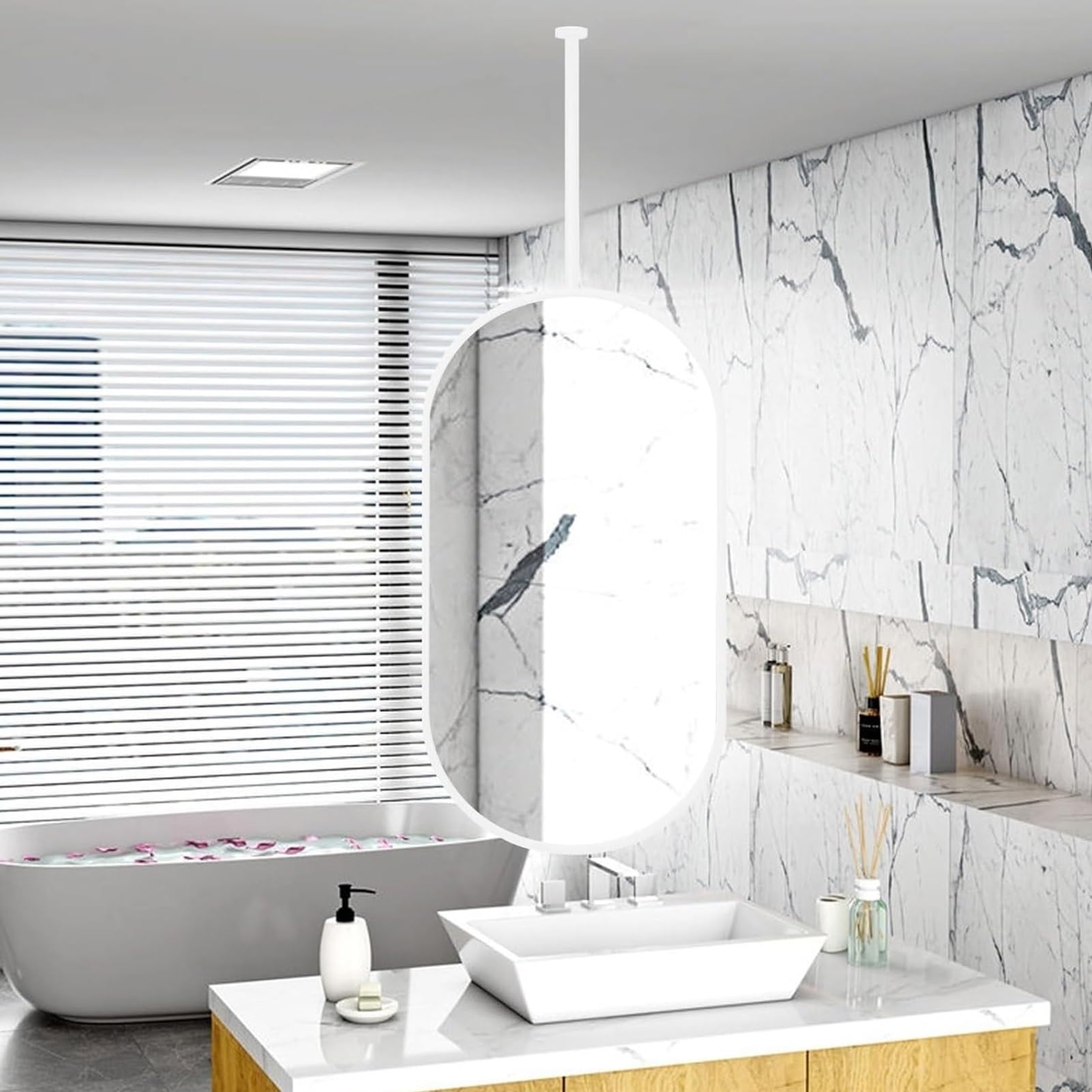 BKSXSOP Ceiling Mount Mirrors for Bathrooms Suspend White Metal Framed ceil Mirror a Window Vanity Rod Mirror/White Oval Wall - Customizable Pole (Size : 40cmx60cm)
