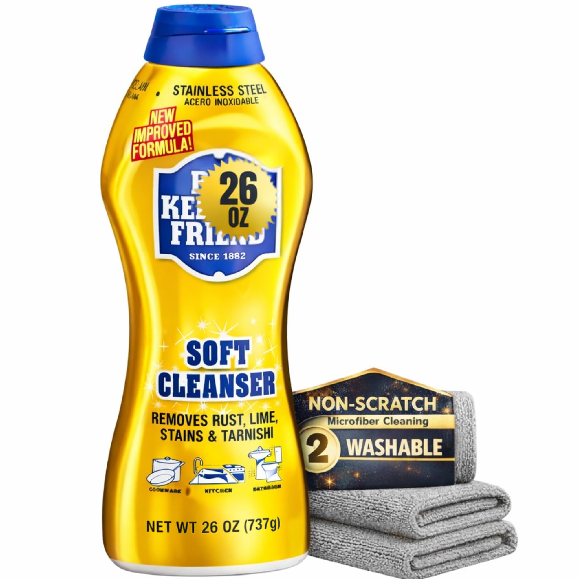 Bar_Keeper_Friend Soft Cleanser (26 oz) & Non-Abrasive + 2 Professional Microfiber Cleaning Cloth 11.5” x 11.5” | Home Cleaning Supplies Kit | ULTIMATE CLEANING KIT | By R&C Store