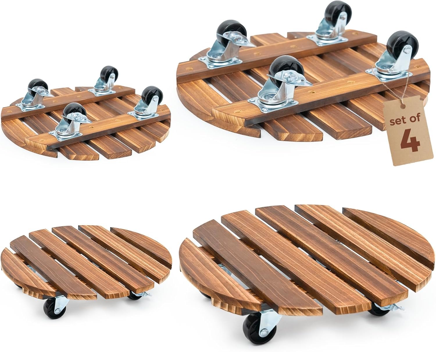 CHAMSUREUK 4 Pack 12 Inch Wooden Plant Stand, Heavy Duty Wood Plant Caddy