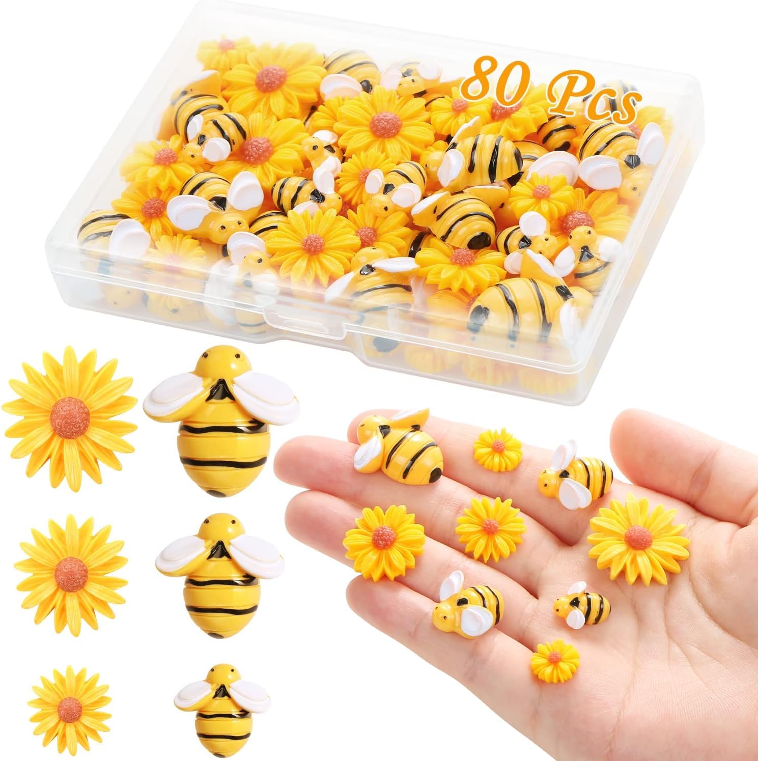 80 Pieces Tiny Resin Bees Daisy Flowers, Flatback Flowers Bumble Bees Embellishment Bee Decors with Box DIY Wreath Cake Decorations Flowers Bee for Card Making Flower Pot Photo Frame Party Decoration