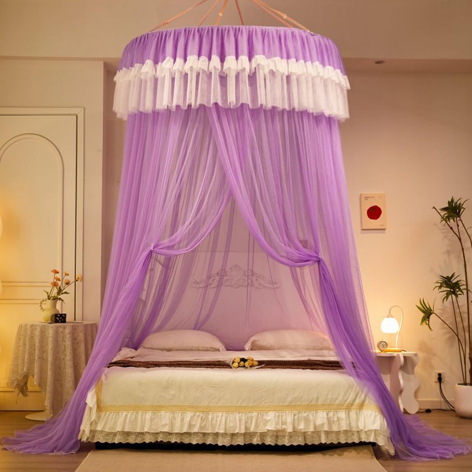 Rundes Spitzen Moskitonetz, Prinzessin Baldachin mit Rüschen, Hängendes Mückennetz Bett für Schlafzimmer Dekoration G 150 x 200cm