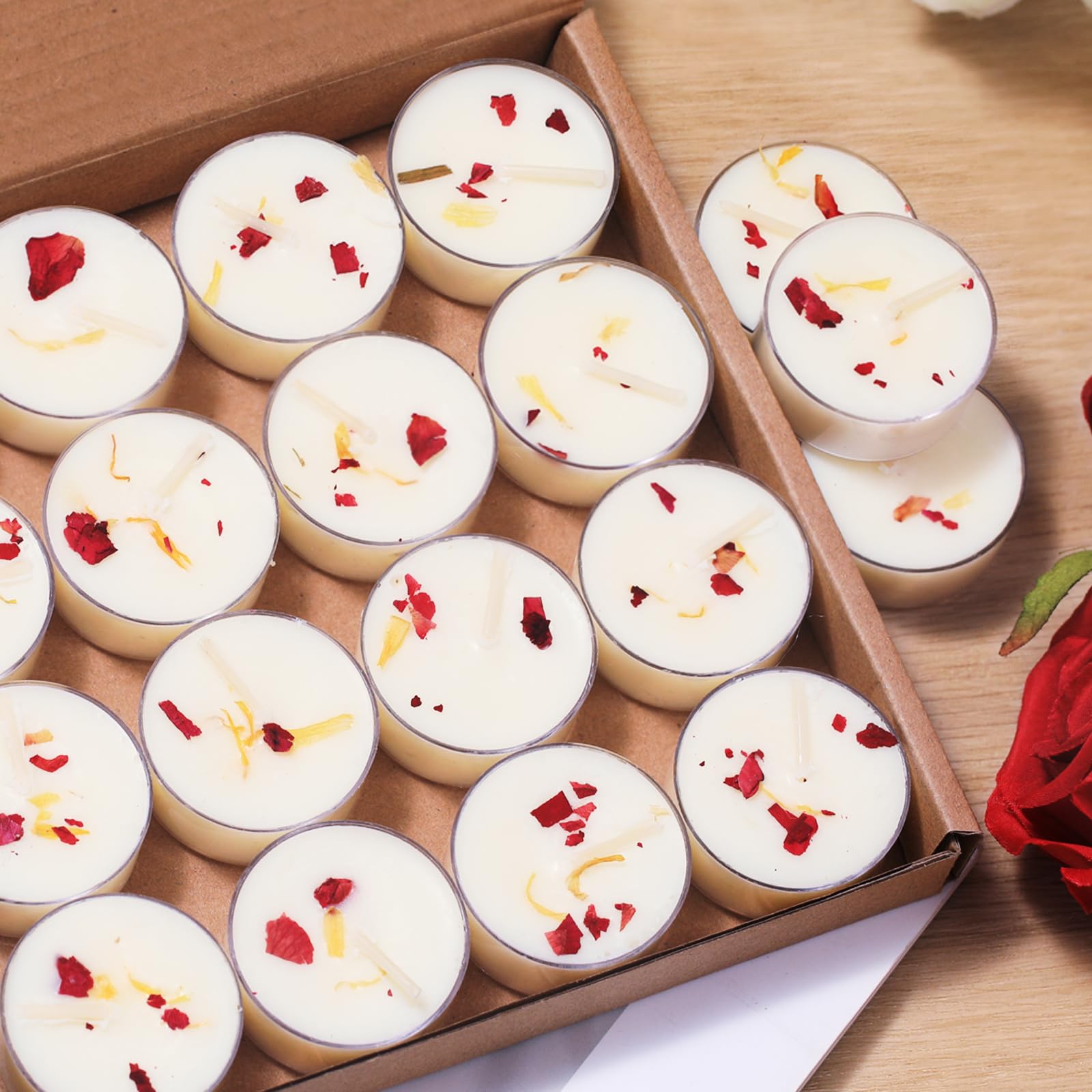 48Pcs Rose Scented Tealight Candles, Palm Wax White Tea Lights, 4h Long Burning Tea Light Candles with Dried Flowers for Holiday, Wedding, Spa, and