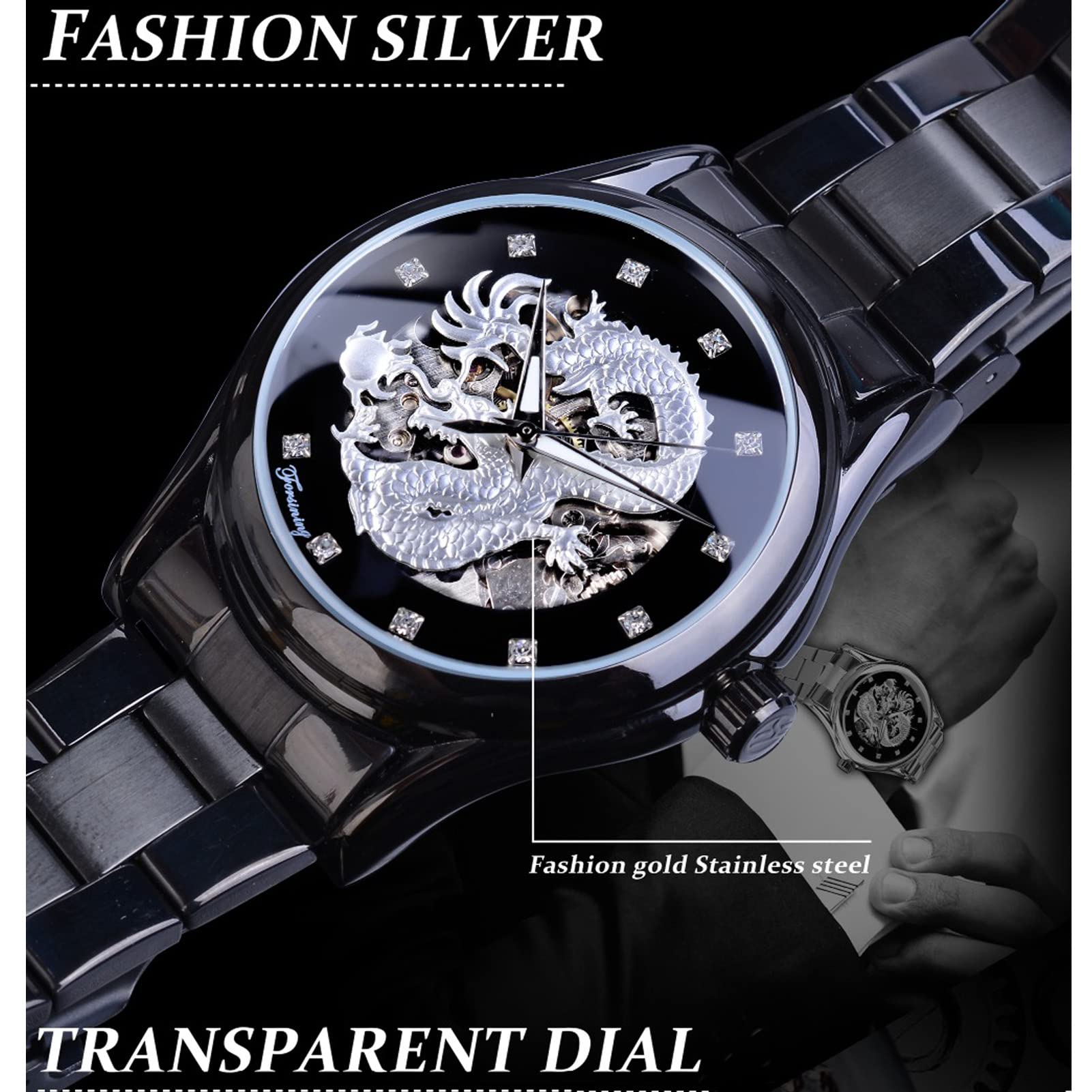 Forsining Herrenuhren, modische mechanische automatische Armbanduhr für Herren, luxuriös, Diamant, Skelett, Drachen-Design, wasserdicht, Edelstahl, schwarz/silberfarben