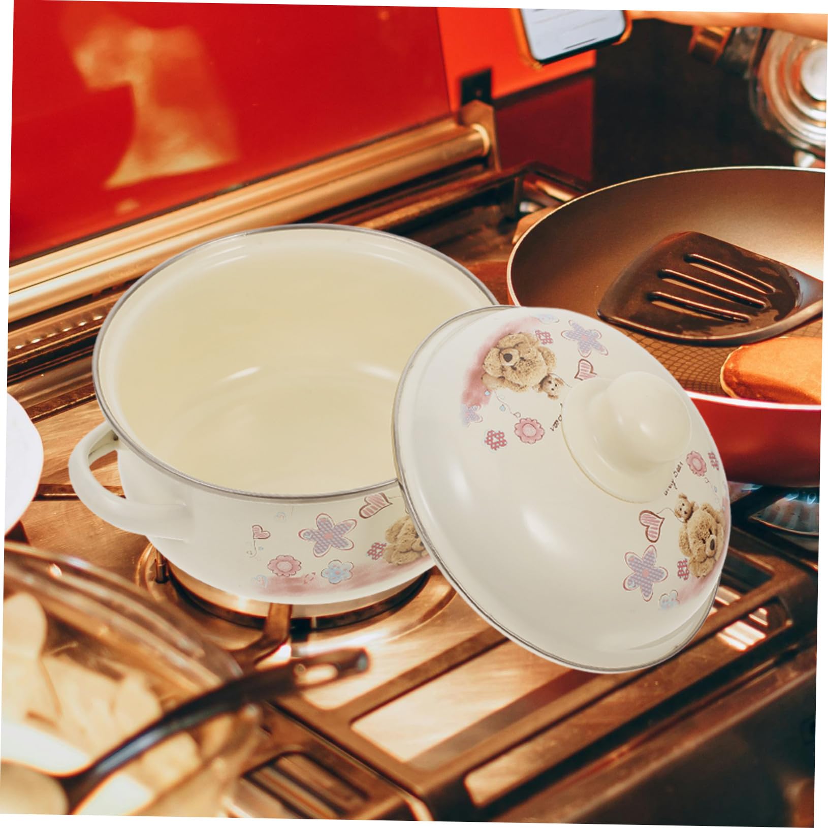 Marmite à Soupe en Émail Beige Couvercle, 1 Pièce, Style Pratique | Fond Plat, Double Poignée, Design Lisse, Ustensile de Cuisson pour Usage Domestique Style Aléatoire
