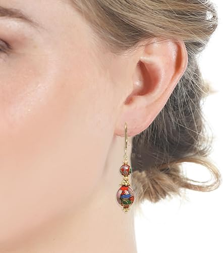 Miniatura 2 de LTC Designs Aretes de cierre de palanca rellenos de oro de 14 quilates con gotas de cloisonne floral rojo vintage para mujer, aretes unisex