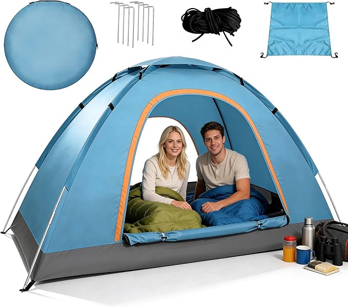 Raganet tienda de campaña impermeable azul 1-2 personas 200x140x100cm con cubre techos 2 entradas y 8 estacas