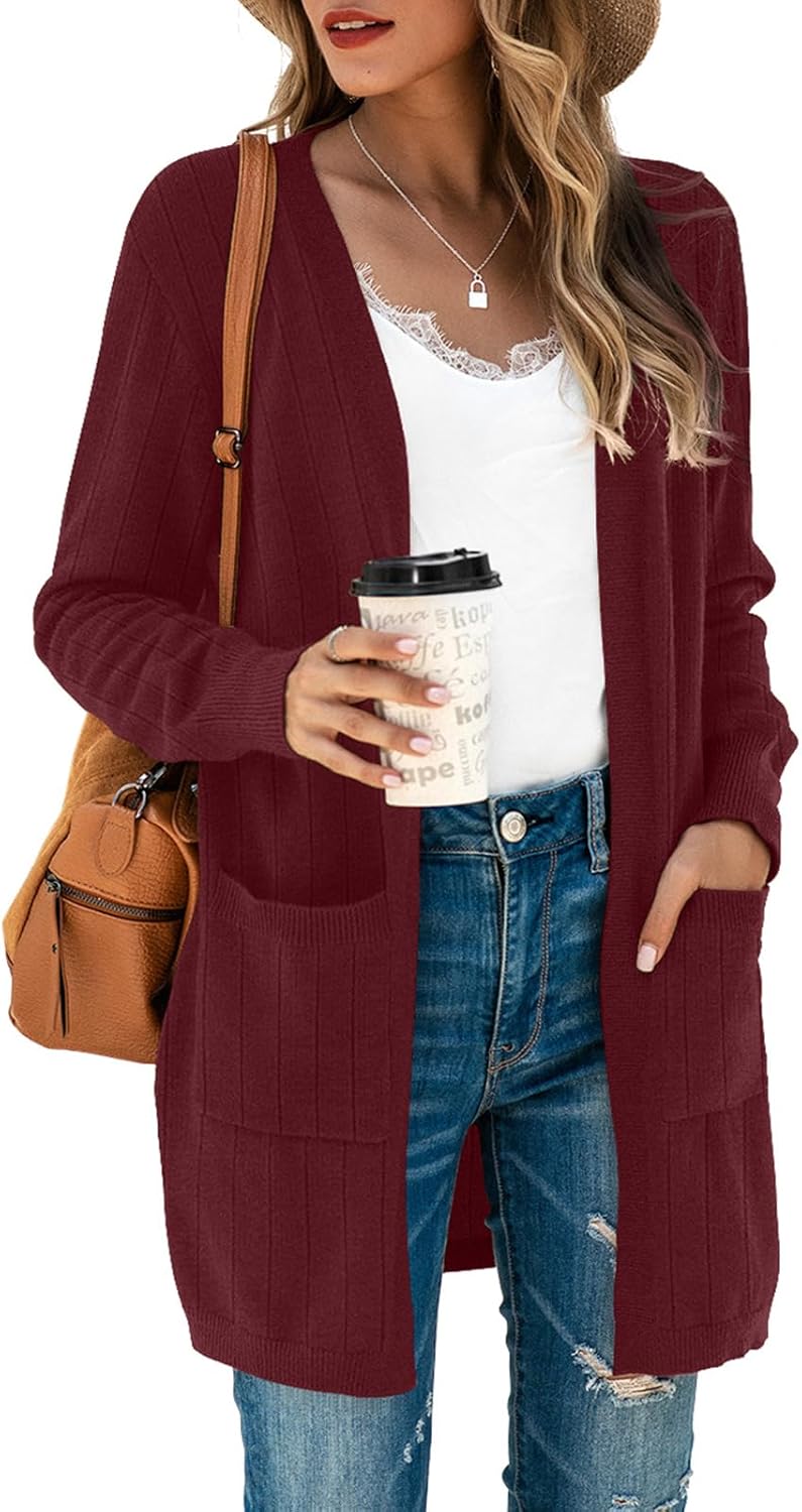 TASAMO Women's Kimono Cardigan Long Sleeve Open Front Casual Knit Sweaters Coat Oversized Soft Outwear with Pockets