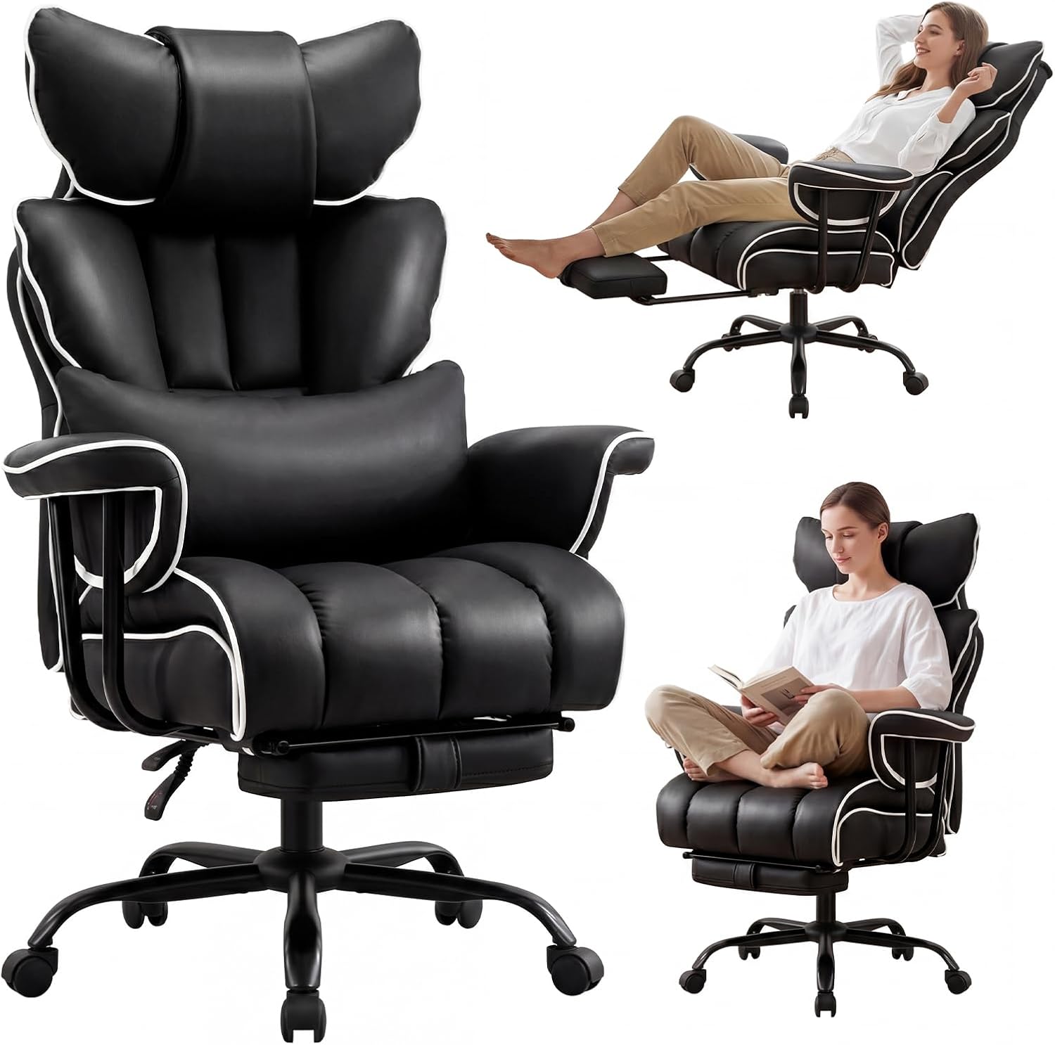 Furniliving Big and Tall Executive Office Chair- Ergonomic, Reclining Desk Chair with Footrest Lumbar Pillow, Height Adjustable Back Leather Chair for Home Office, Black
