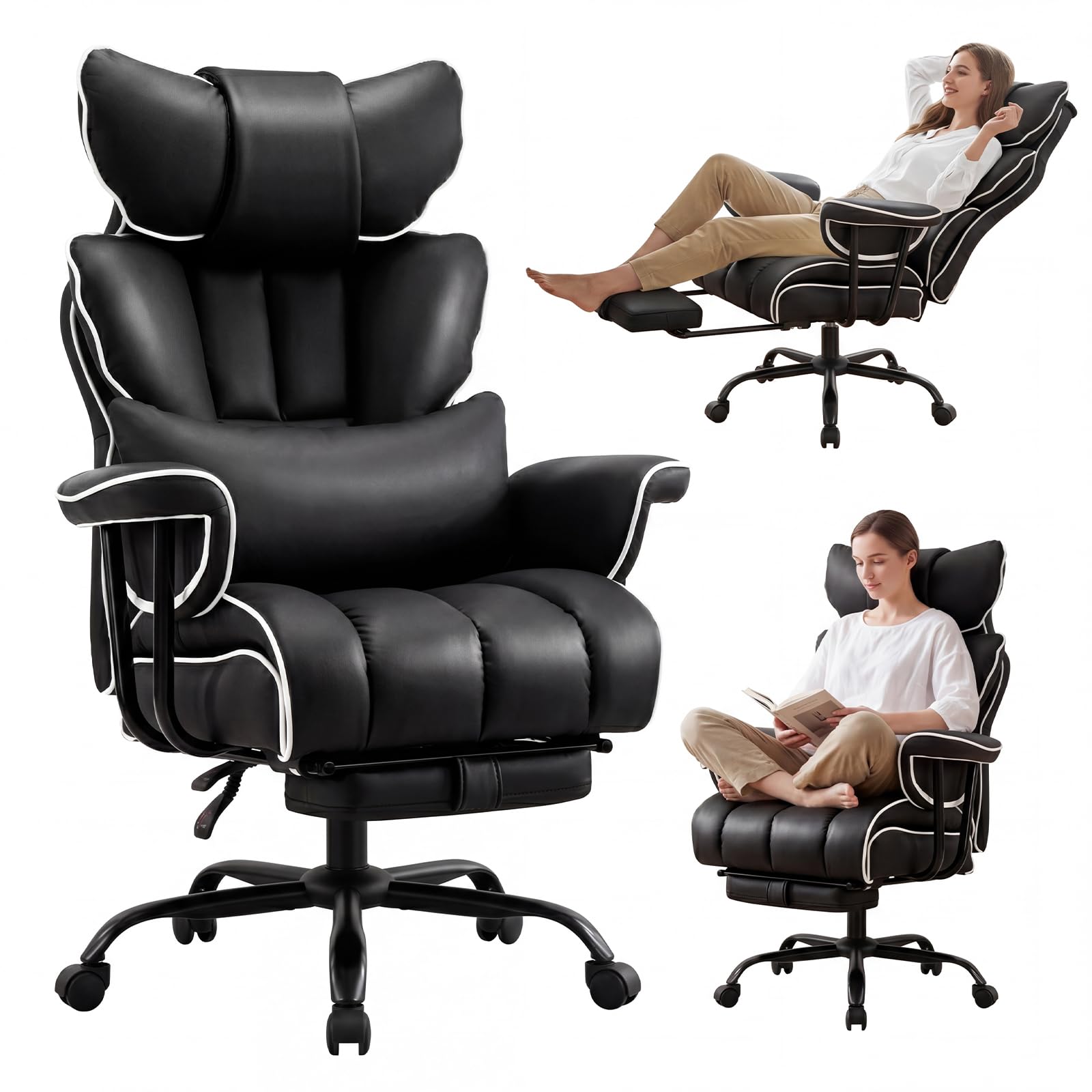 Sedia da gaming ergonomica, in pelle PU, 200 kg, con poggiapiedi e supporto lombare, sedia regolabile con schienale alto, sedia girevole (nero-1)