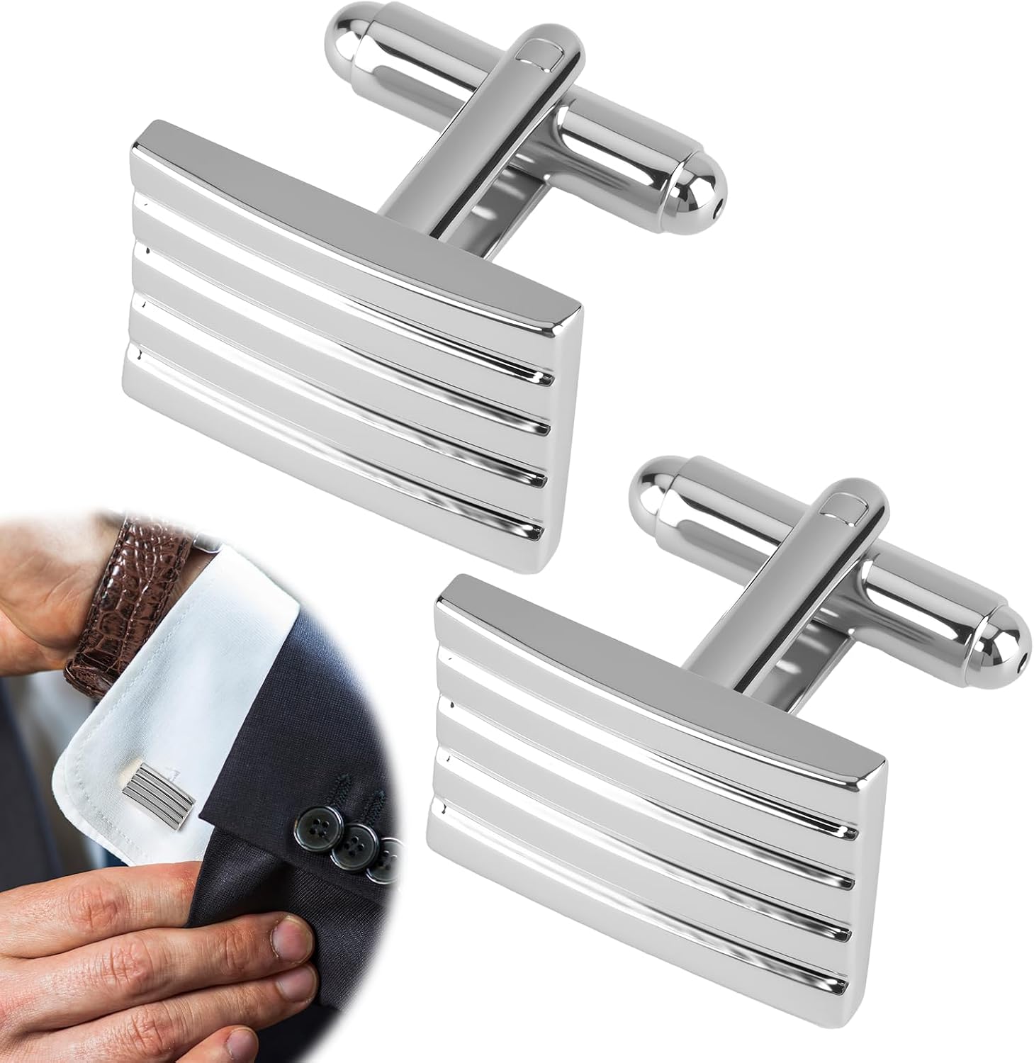 2 Pack Classic Cufflinks for Mens, 2025 Classic Plated Rectangle Cufflinks Luxurious Tuxedo Shirt Cuff Link for Mens Steel Business Wedding Formal Business Gift