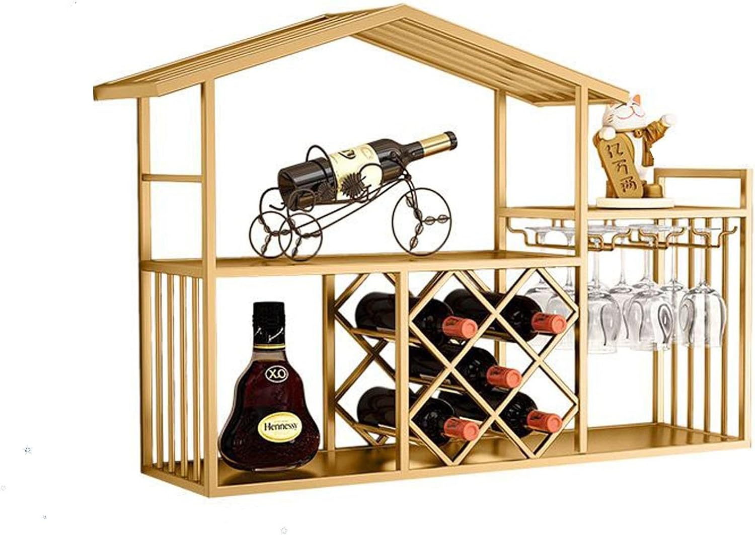 Wall Wine Rack Bar Shelves Liquor Shelf Wall Mounted Racks for Wine Bottles with Hanging Wine Glass Holder Rack Floating Mini Bar Liquor Bottle Display Shelf for Home Bar Dining Room Kitchen(Gold)