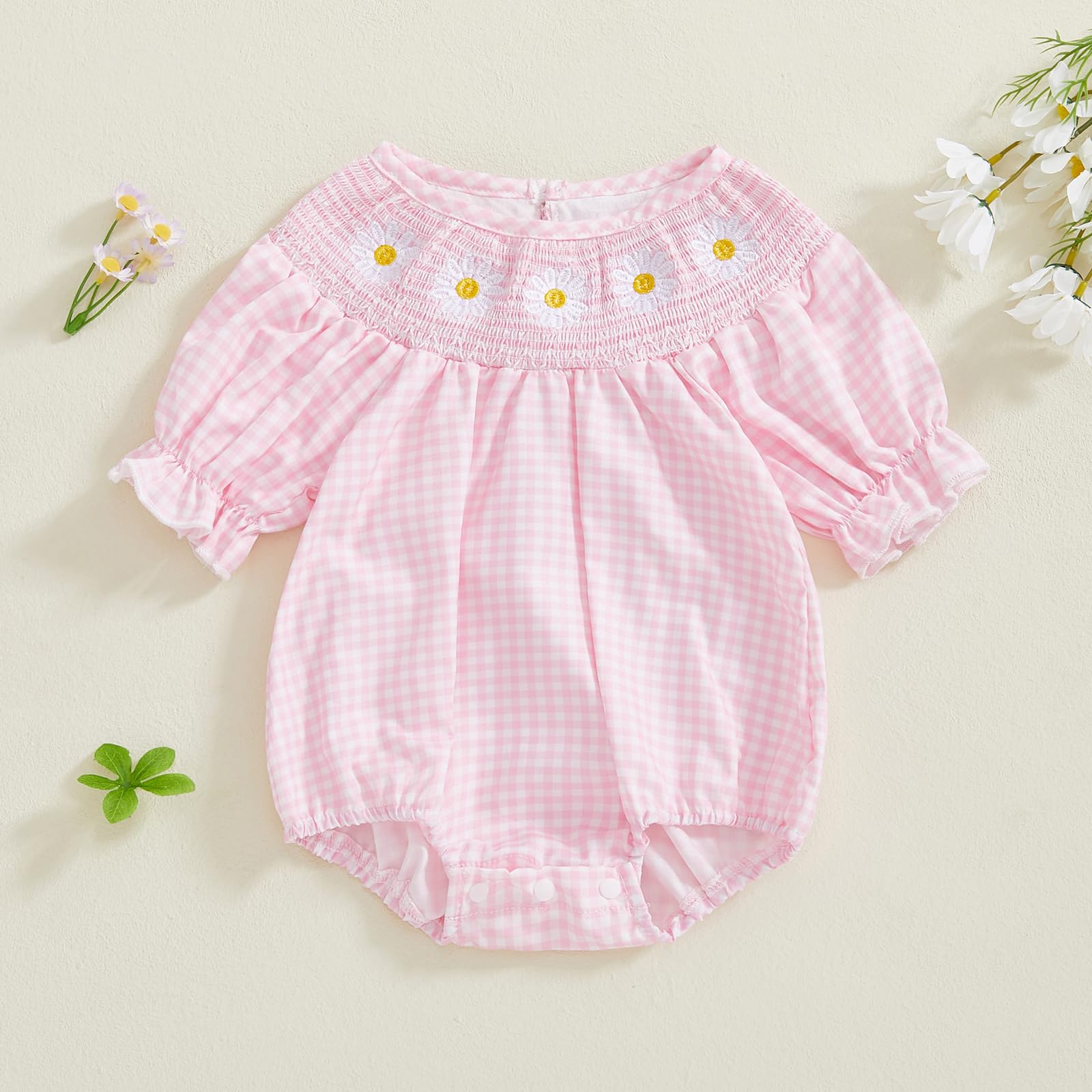 Aiwpstoin Infant Baby Girl Plaid Bubble Romper Clothes Daisy Embroidery Short Sleeve Smocked Bodysuit Summer Outfit (Pink, 0-3 Months)