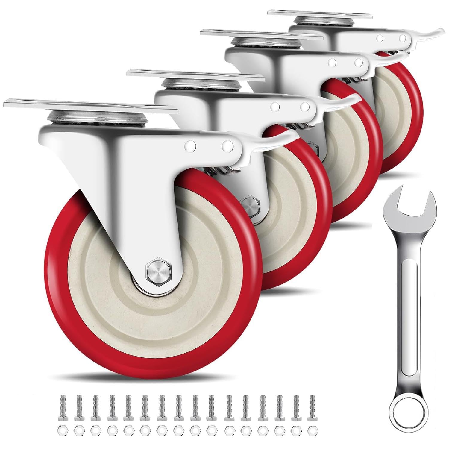 Lenkrollen 5 Zoll, Schwerlastrollen 4er Set, Lenkrollen mit Dual Feststellbremsen, Leise PU Räder, 360° Drehung, für Möbel und Werkbank, Belastung 1270.1 kg