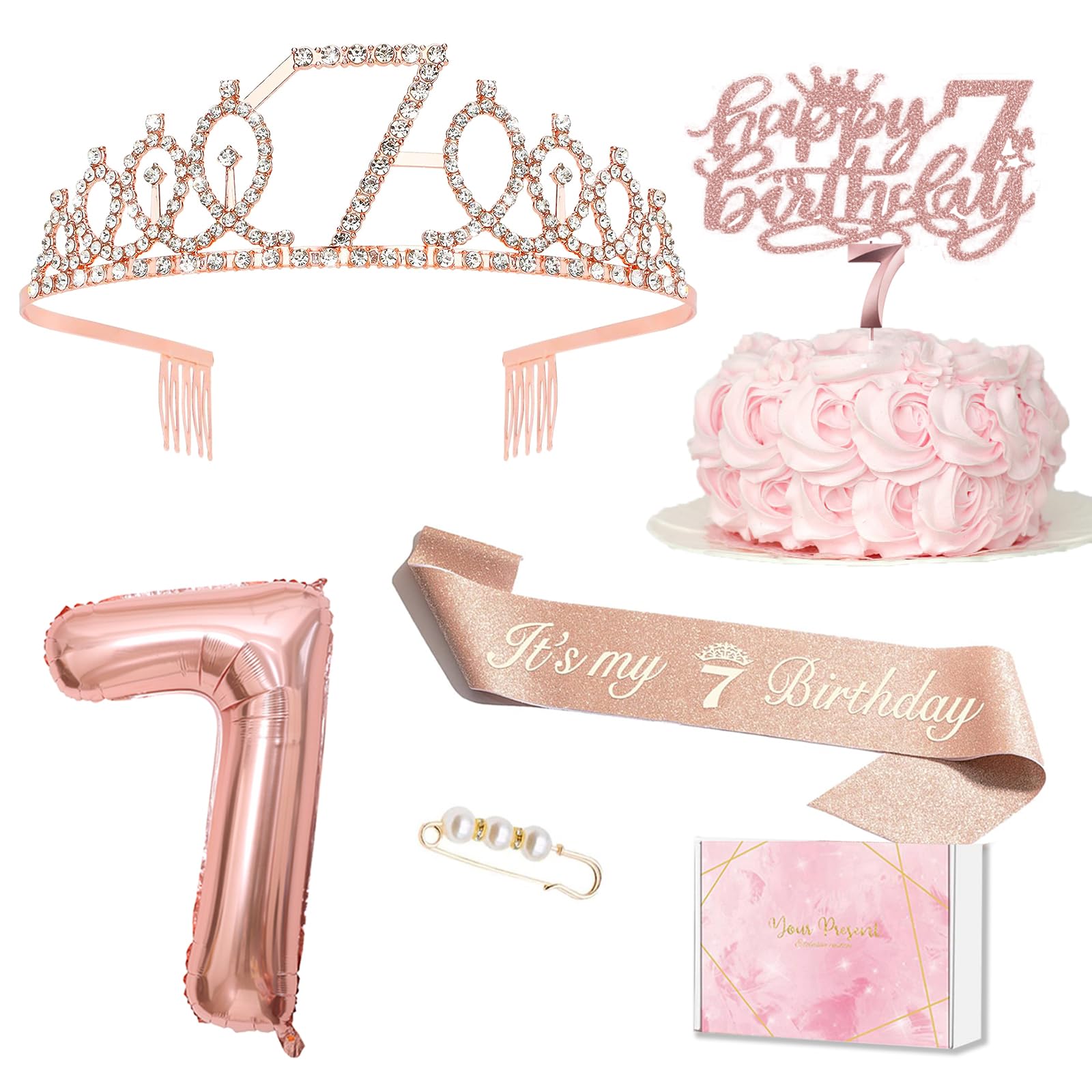 Geburtstagsdeko 7 Jahre Mädchen, 7. Geburtstagskrone und Schärpe, Happy Birthday Tortendeko Kerzen, Roségold Folienballon 7, Geschenke für 7 Jahre Mädchen