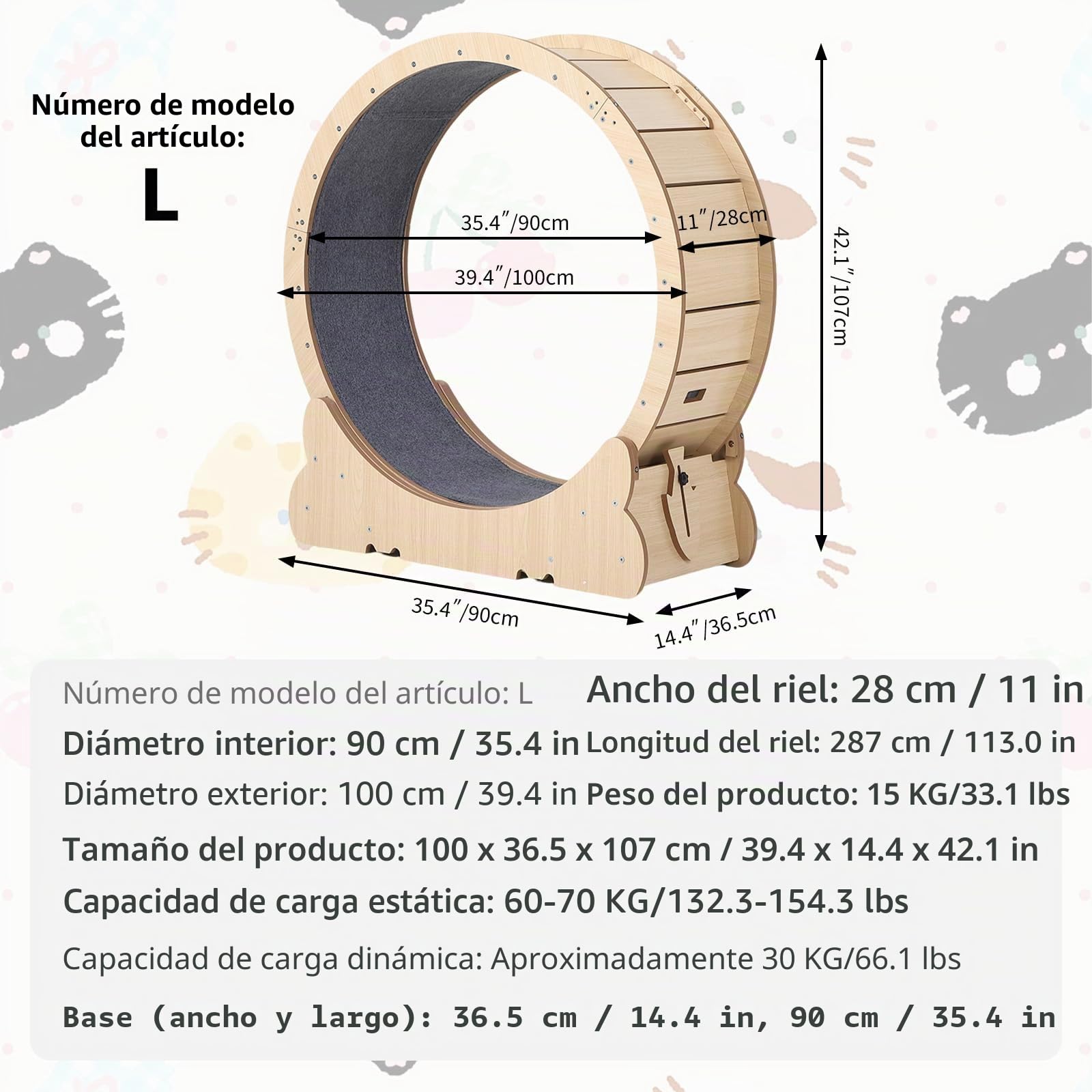 Rueda de Ejercicio para Gatos 90-100cm – Tablero E1 Alta Densidad – Silenciosa, Segura, Fácil de Limpiar – para Todos los Tamaños