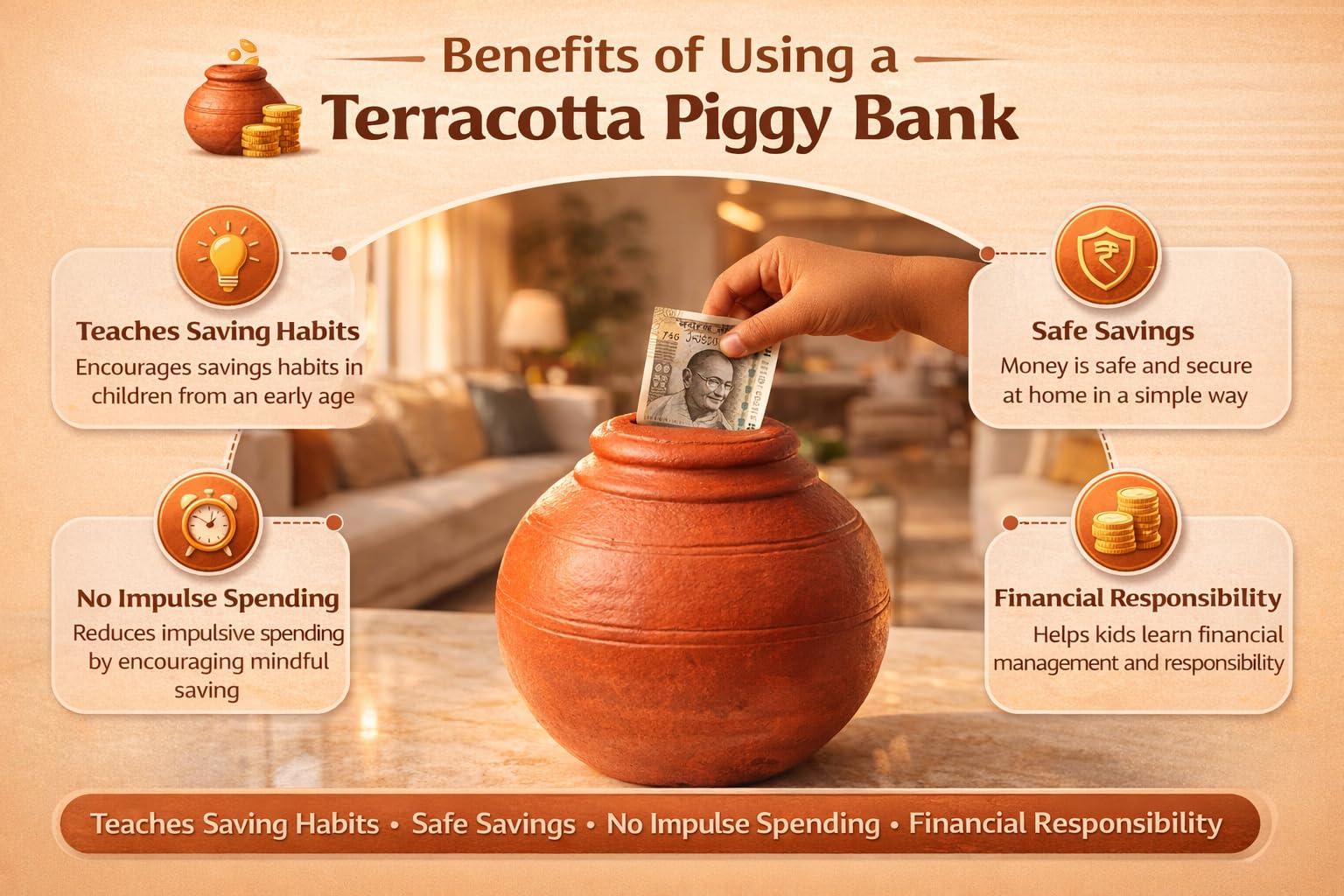 VILLAGE KRAFT Terracotta/Earthen/Mitti Eco-Friendly Designer Money Bank Organiser/Undiyal/Gullak/Coin Bank/Rural Artists Work Coin Holder/Nursery Décor/Keepsake/Savings/Mitti Gullak,Brick Red,Large 1