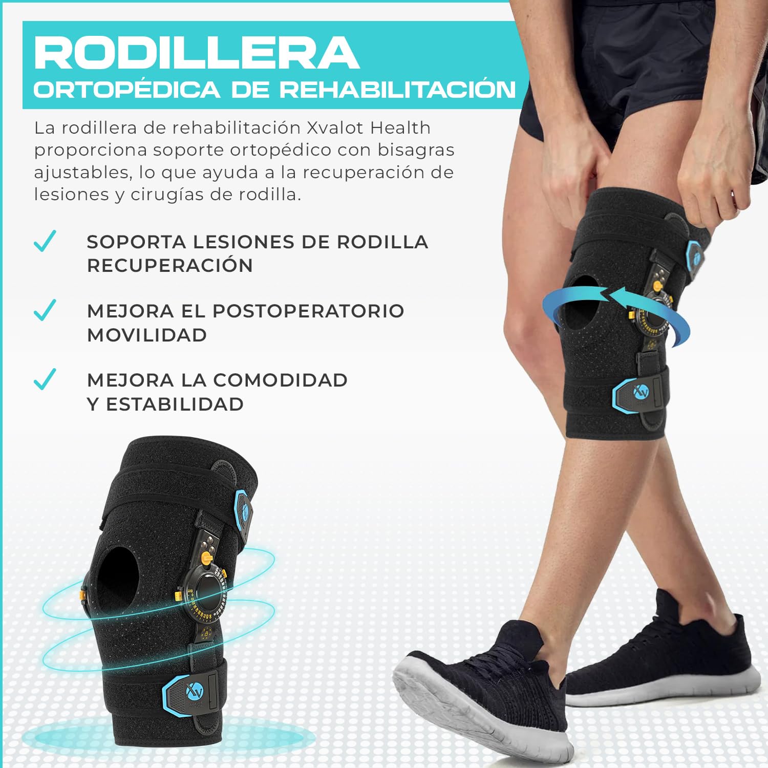 Ginocchiera riabilitazione, ortopedico con cerniere regolabili per flessione-estensione, lesioni, post-chirurgia del ginocchio menisco, legamenti, supporto funzionale. (Large)