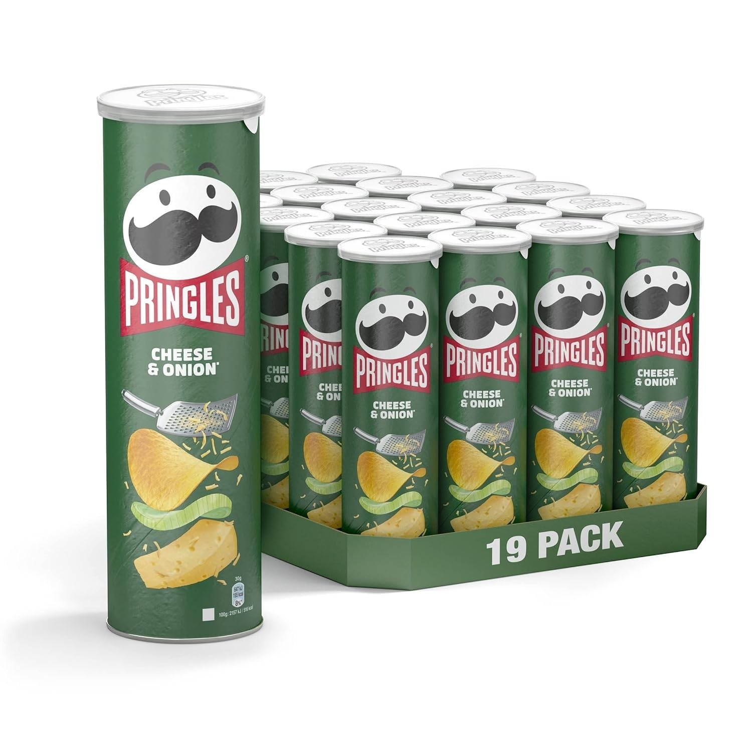 Pringles Cheese & Onion (19 x 165 g) – der unwiderstehliche Snack-Klassiker in der praktischen Dose – knackige Chips mit Käse und Zwiebel-Geschmack – Pop. Play. Eat.